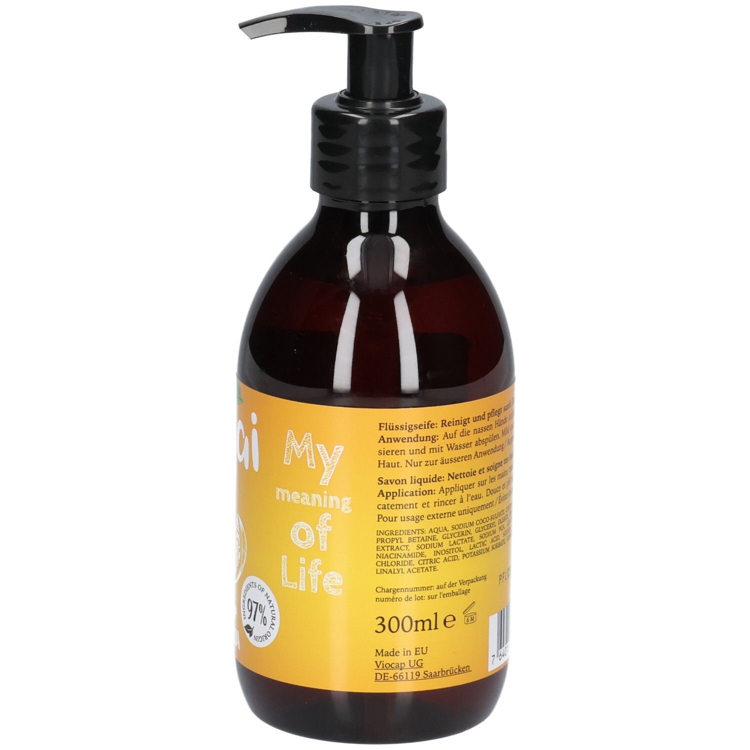 Braune Seifenspenderflasche mit schwarzem Pumpspender. Gelbes Etikett mit Aufschrift 'My meaning of Life'. 300ml.