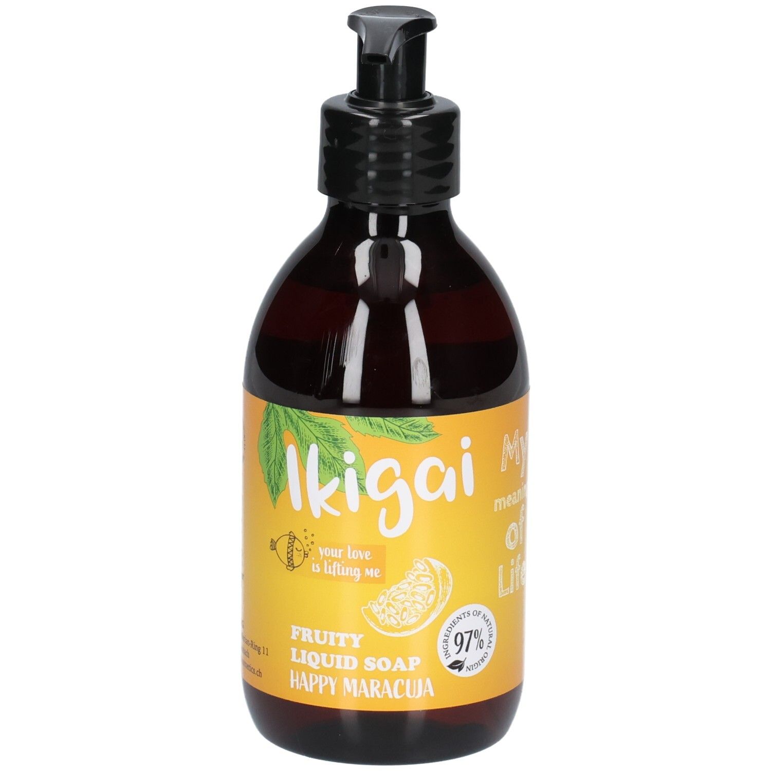 Ikigai Fruity Liquid Soap Happy Maracuja in brauner Spenderflasche mit schwarzem Pumpkopf.