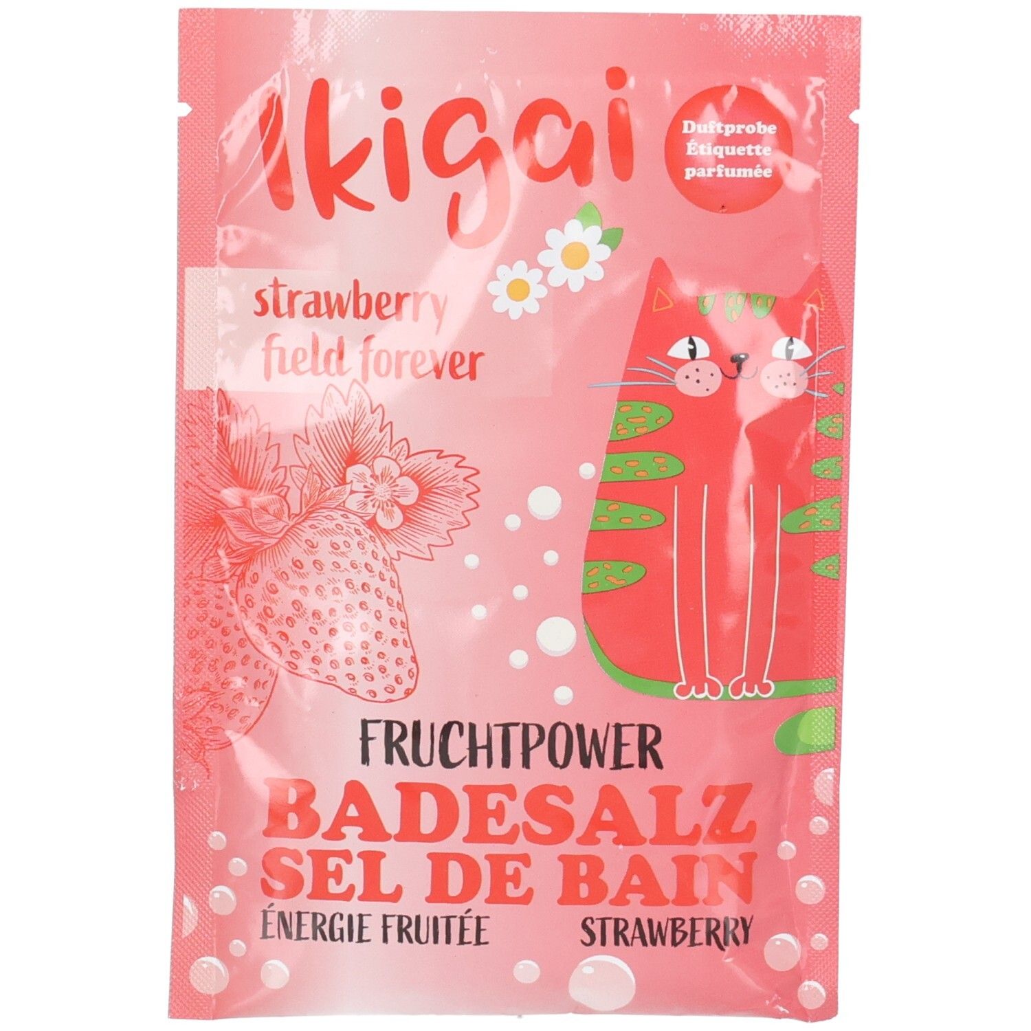 Verpackung für Badesalz mit Erdbeer-Motiv und Katze.