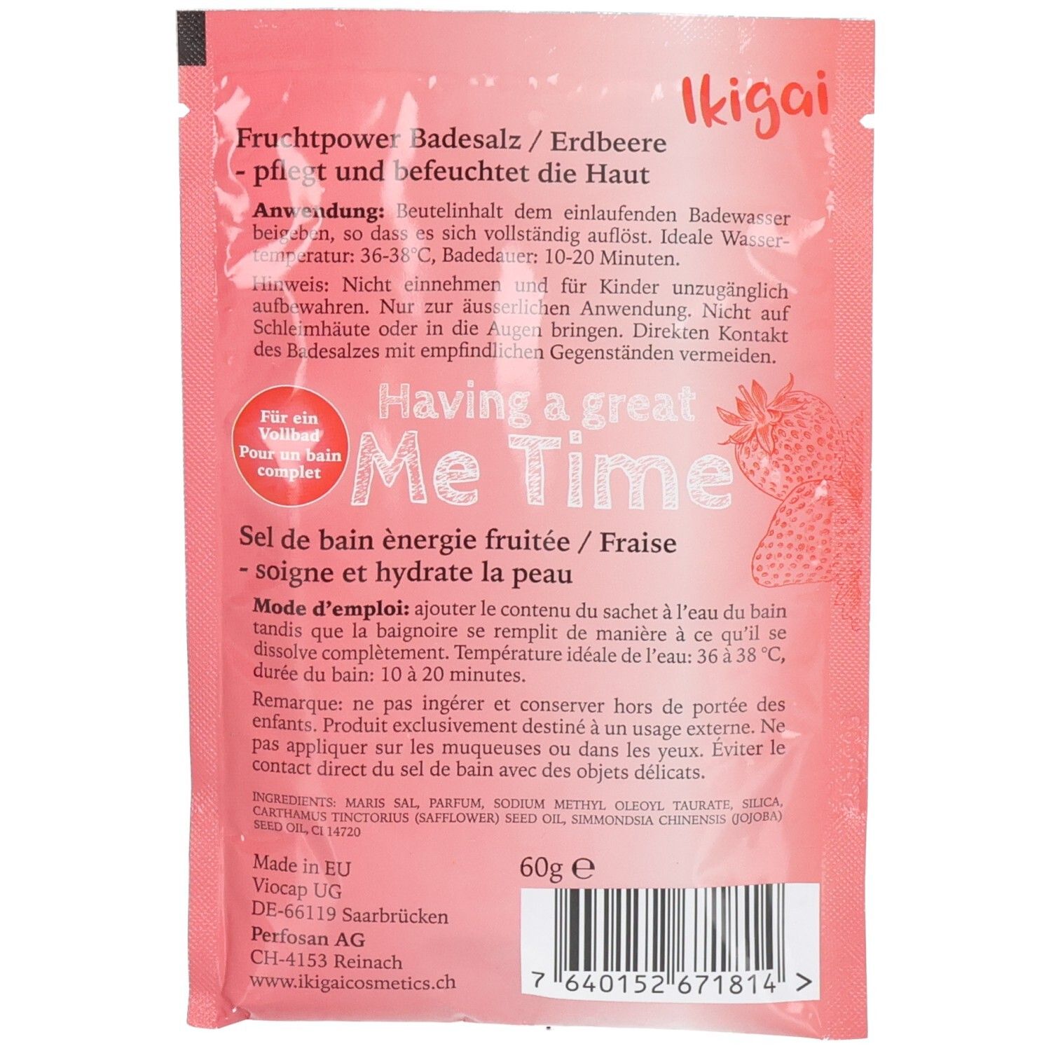 Rückseite der Badesalz-Verpackung mit Anwendungshinweisen und Inhaltsstoffen.