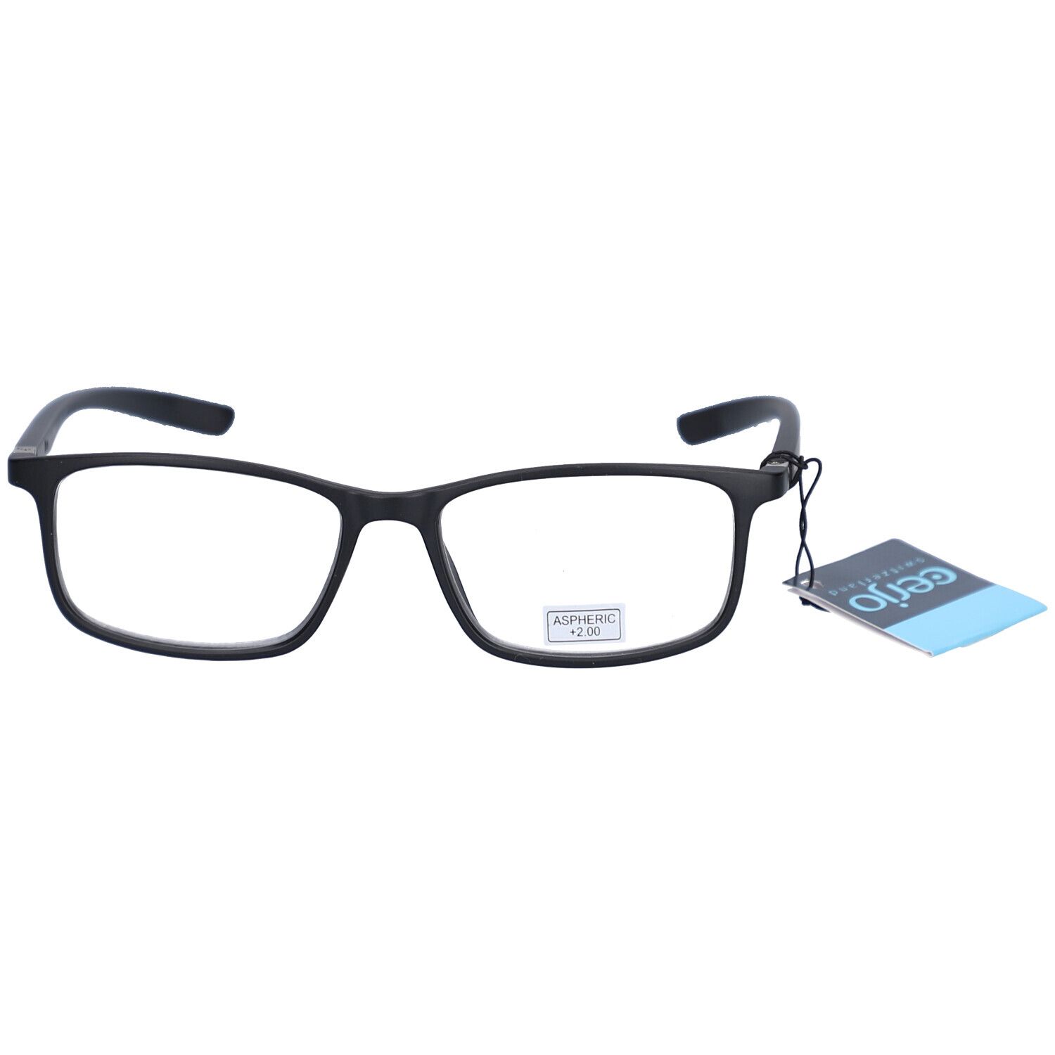 Schwarze Brille mit rechteckigen Gläsern. Ein Etikett mit Produktinformationen hängt am Bügel. Auf dem Etikett steht "cerjo".