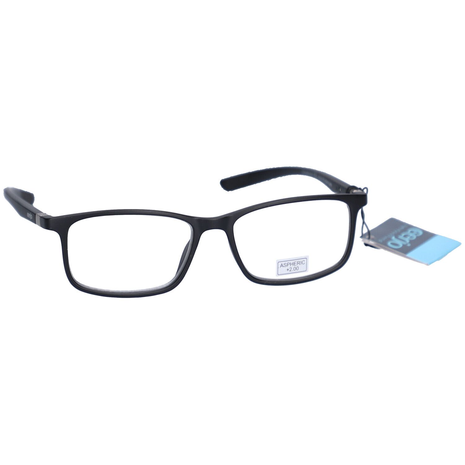 Schwarze Brille mit rechteckigen Gläsern. Ein Etikett mit Produktinformationen hängt am Bügel. Auf dem Etikett steht "cerjo".