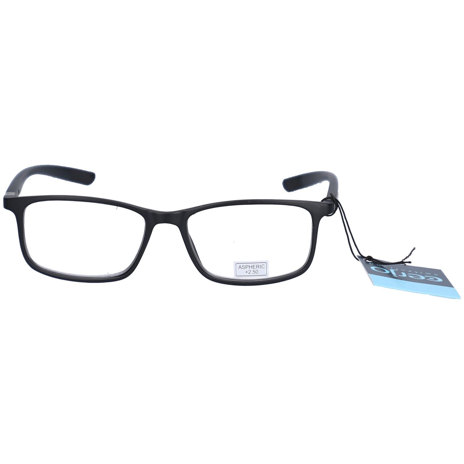 Schwarze Lesebrille mit rechteckigen Gläsern. Aufkleber mit Text. Anhänger mit Logo.