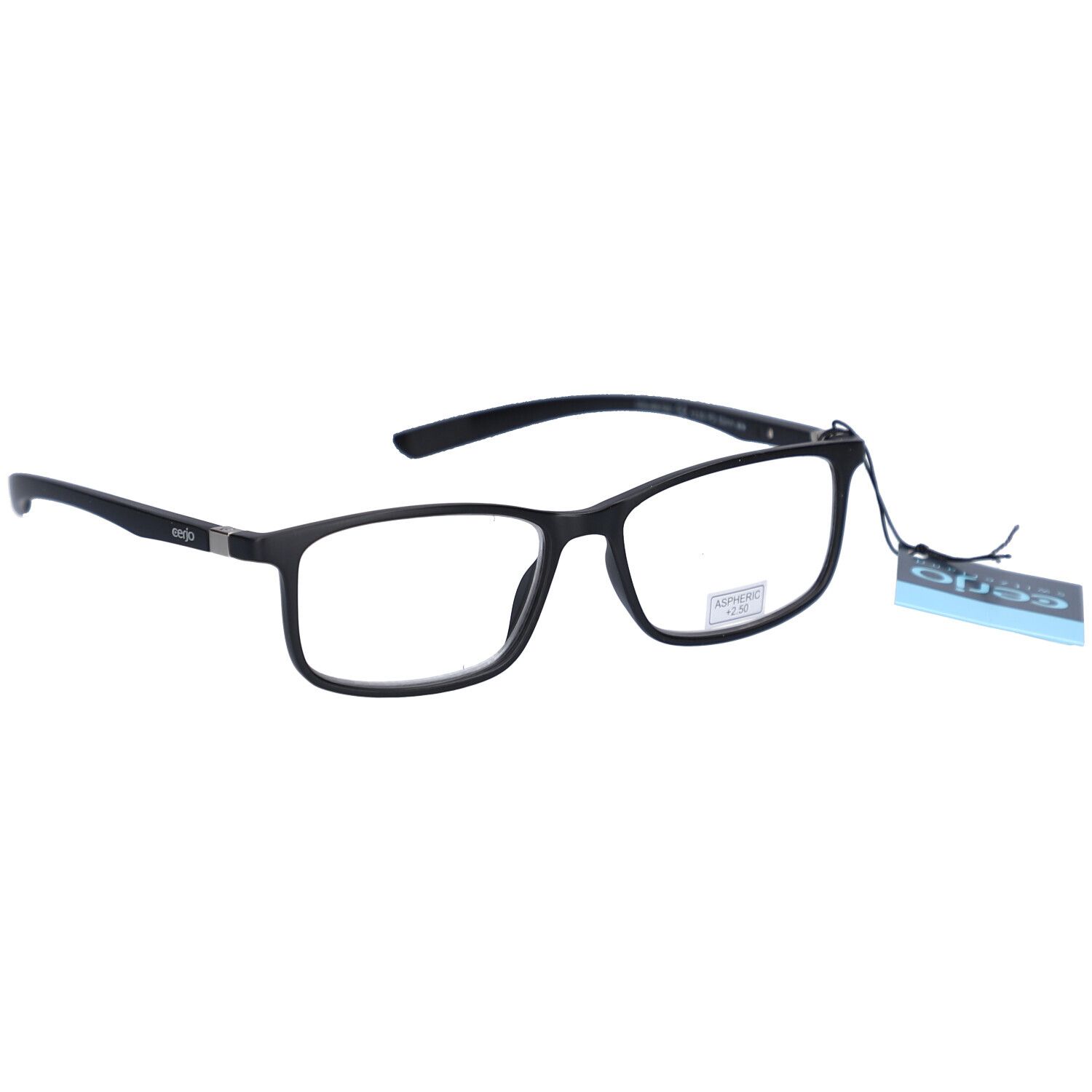 Schwarze Lesebrille mit rechteckigen Gläsern. Aufkleber mit Text. Anhänger mit Logo.