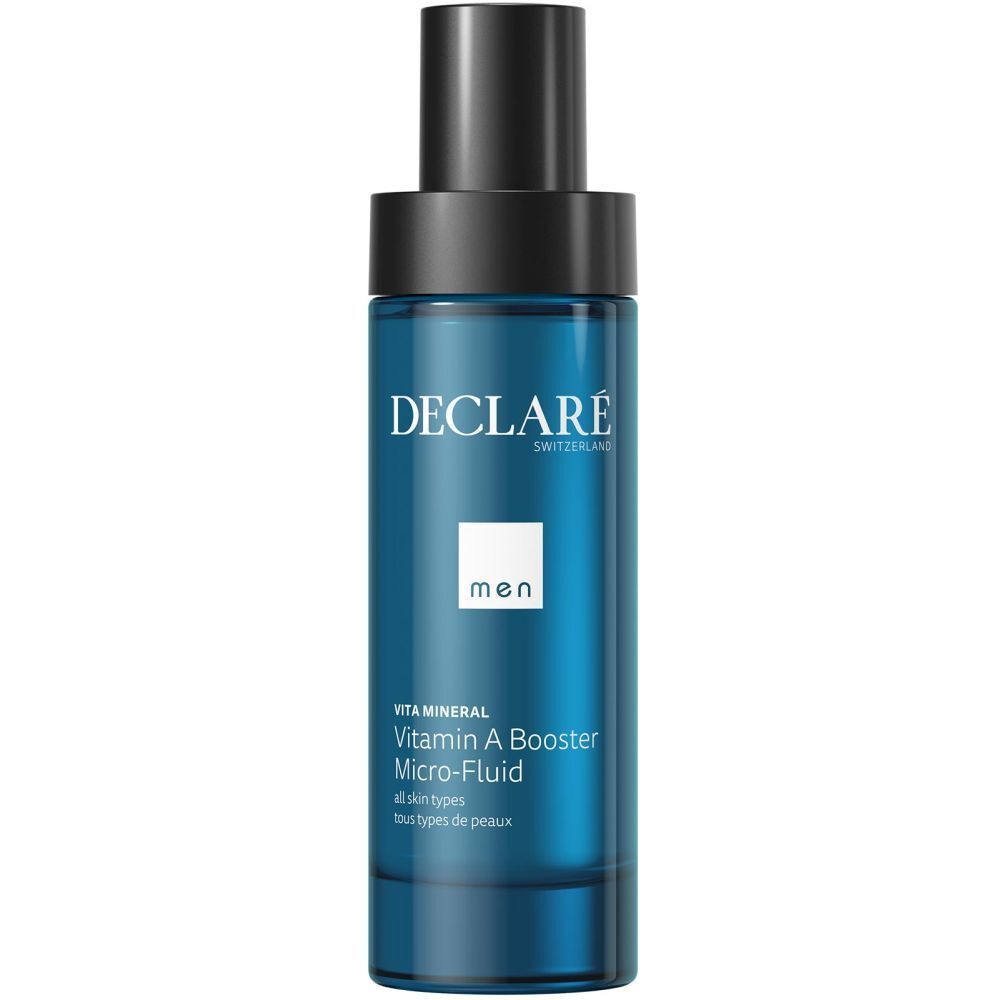 Flacon bleu avec bouchon noir. Inscription : DECLARÉ, men, Vita Mineral, Vitamin A Booster Micro-Fluid.