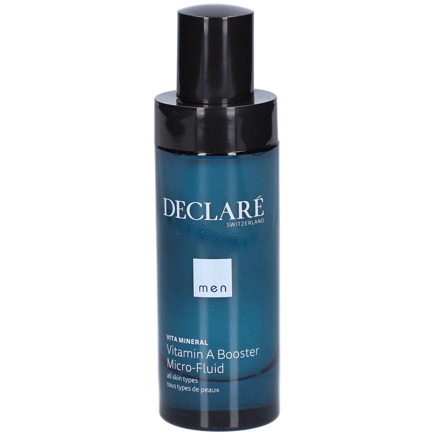Flacon bleu avec bouchon noir. Inscription : DECLARÉ, men, Vita Mineral, Vitamin A Booster Micro-Fluid.