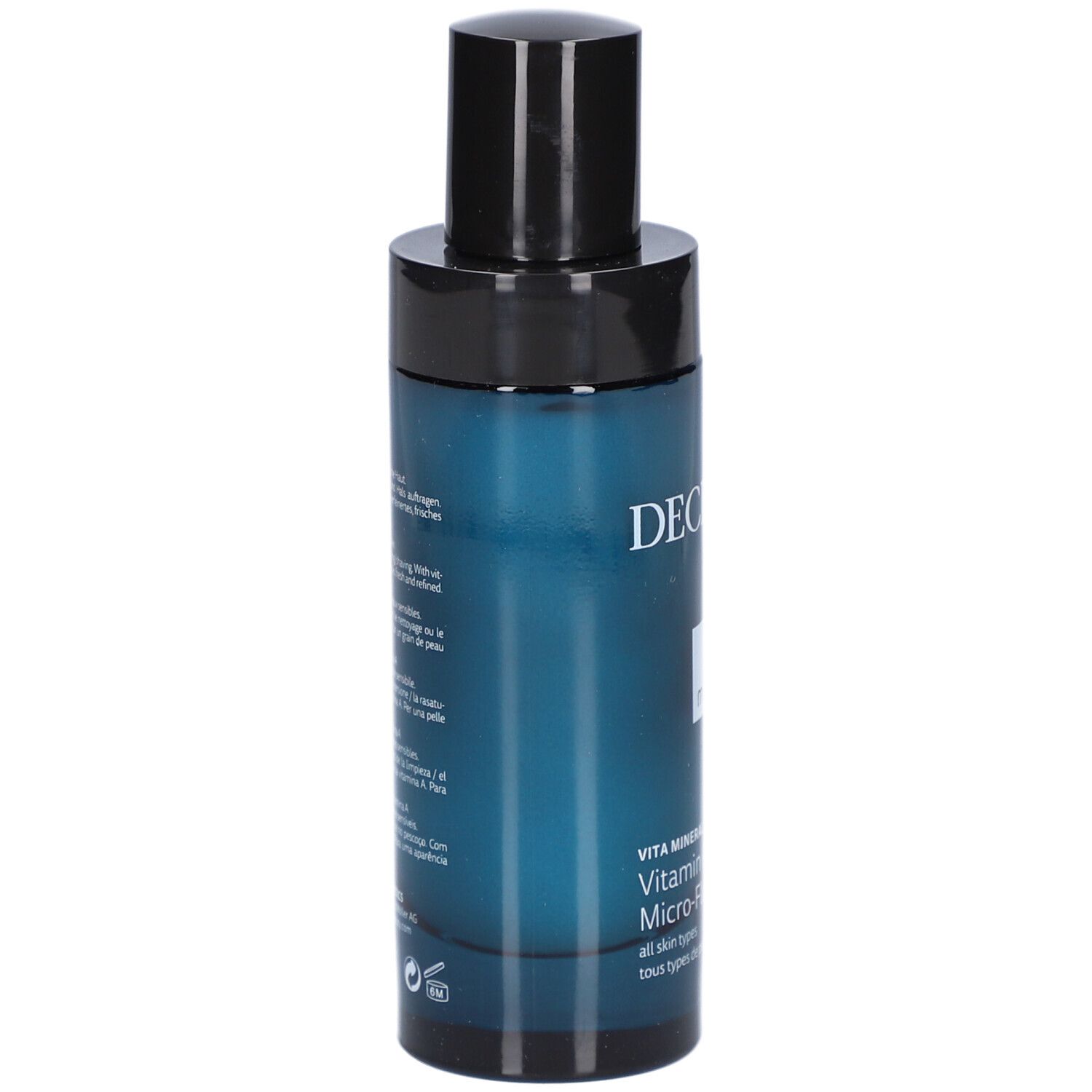 Flacon bleu avec bouchon noir. Dos avec texte. Inscription : DECLARÉ, Vita Mineral, Vitamin A Booster Micro-Fluid.
