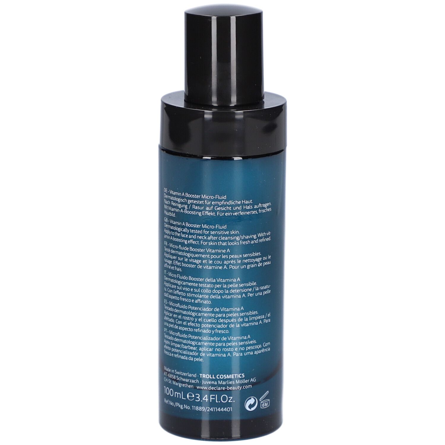 Flacon bleu avec bouchon noir. Dos avec texte. Inscription : DECLARÉ, Vita Mineral, Vitamin A Booster Micro-Fluid.