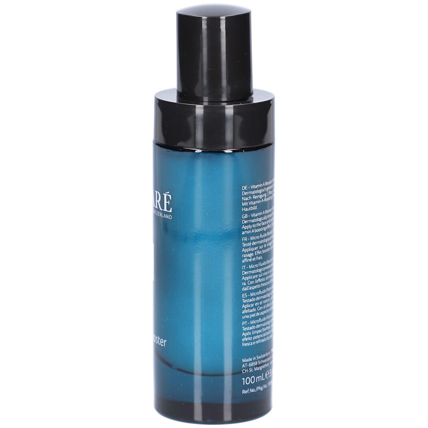 Flacon bleu avec bouchon noir. Dos avec texte. Inscription : DECLARÉ, Vita Mineral, Vitamin A Booster Micro-Fluid.