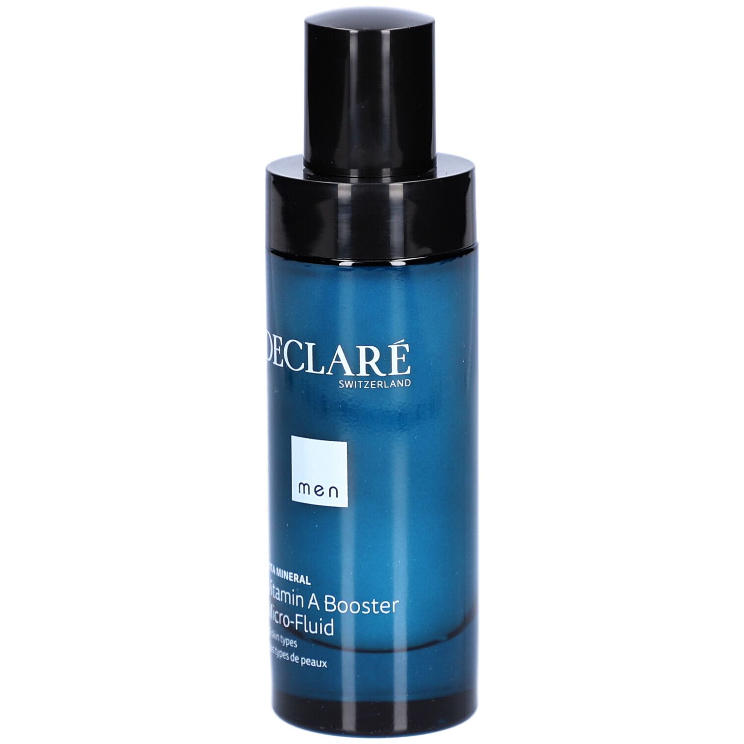 Flacon bleu avec bouchon noir. Inscription : DECLARÉ, men, Vita Mineral, Vitamin A Booster Micro-Fluid.