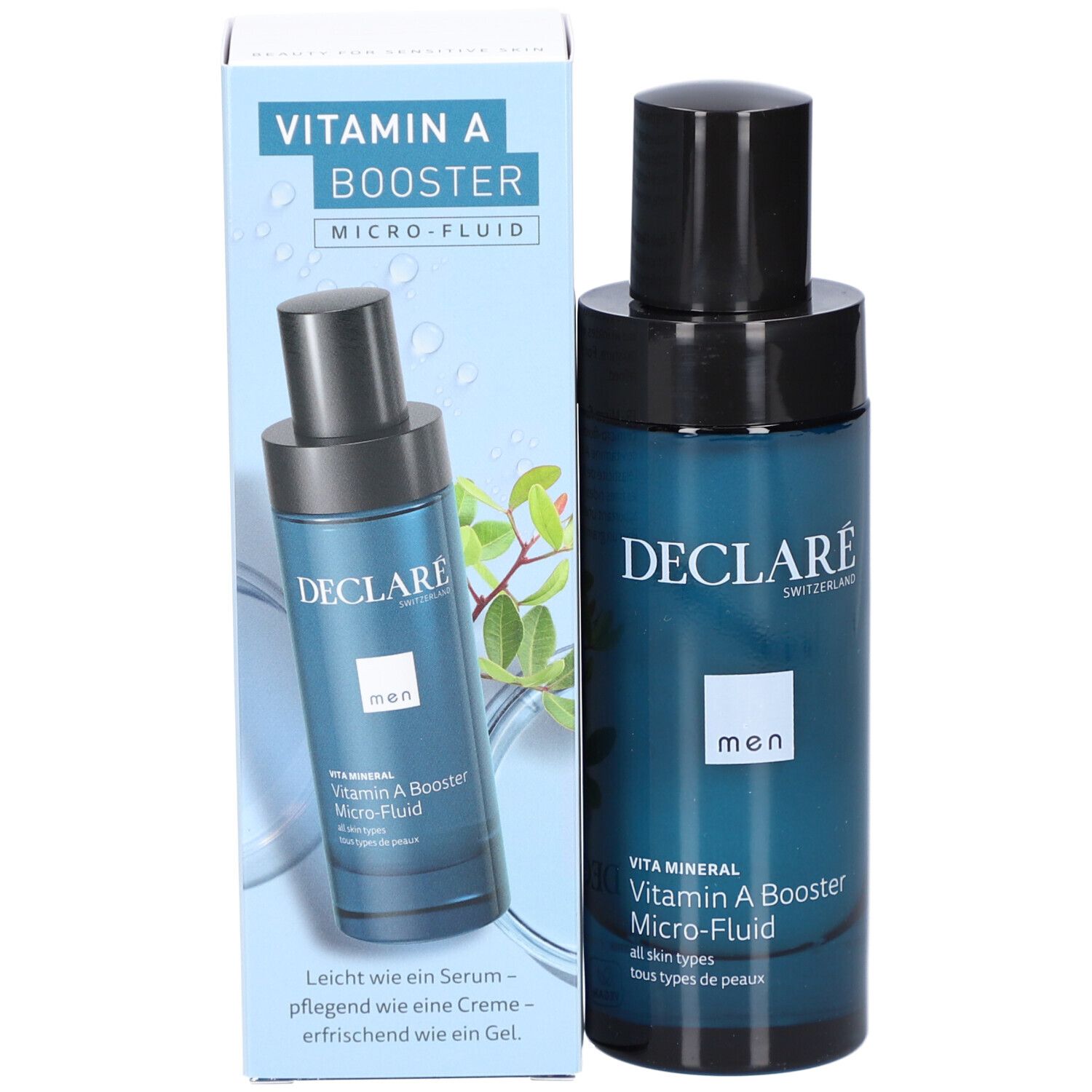 Produit avec emballage. Flacon bleu avec bouchon noir. Inscription : DECLARÉ, men, Vita Mineral, Vitamin A Booster Micro-Fluid.