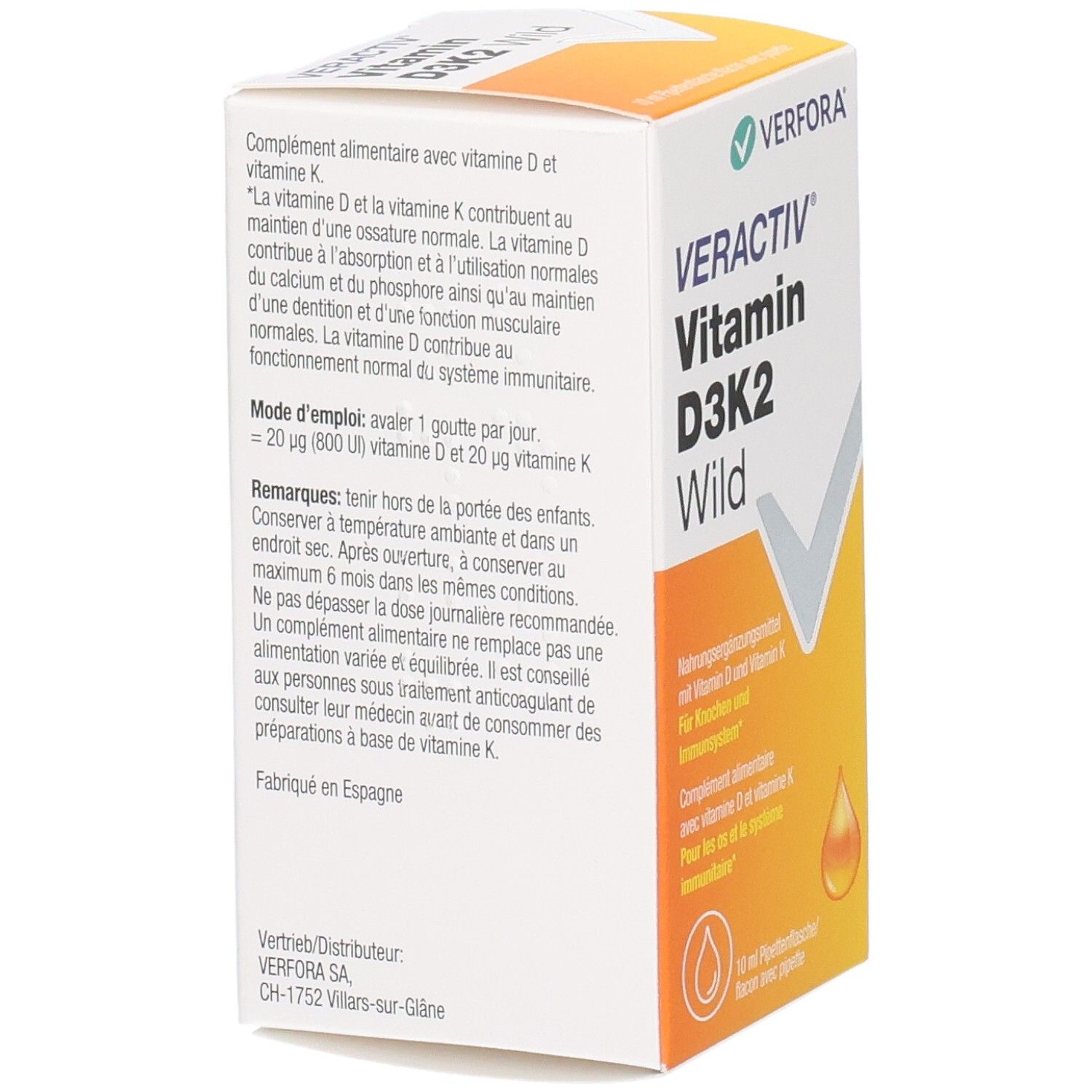 Dos de la bouteille de gouttes VERACTIV Vitamine D3K2 Sauvage avec pipette. Informations sur l'utilisation et le stockage.