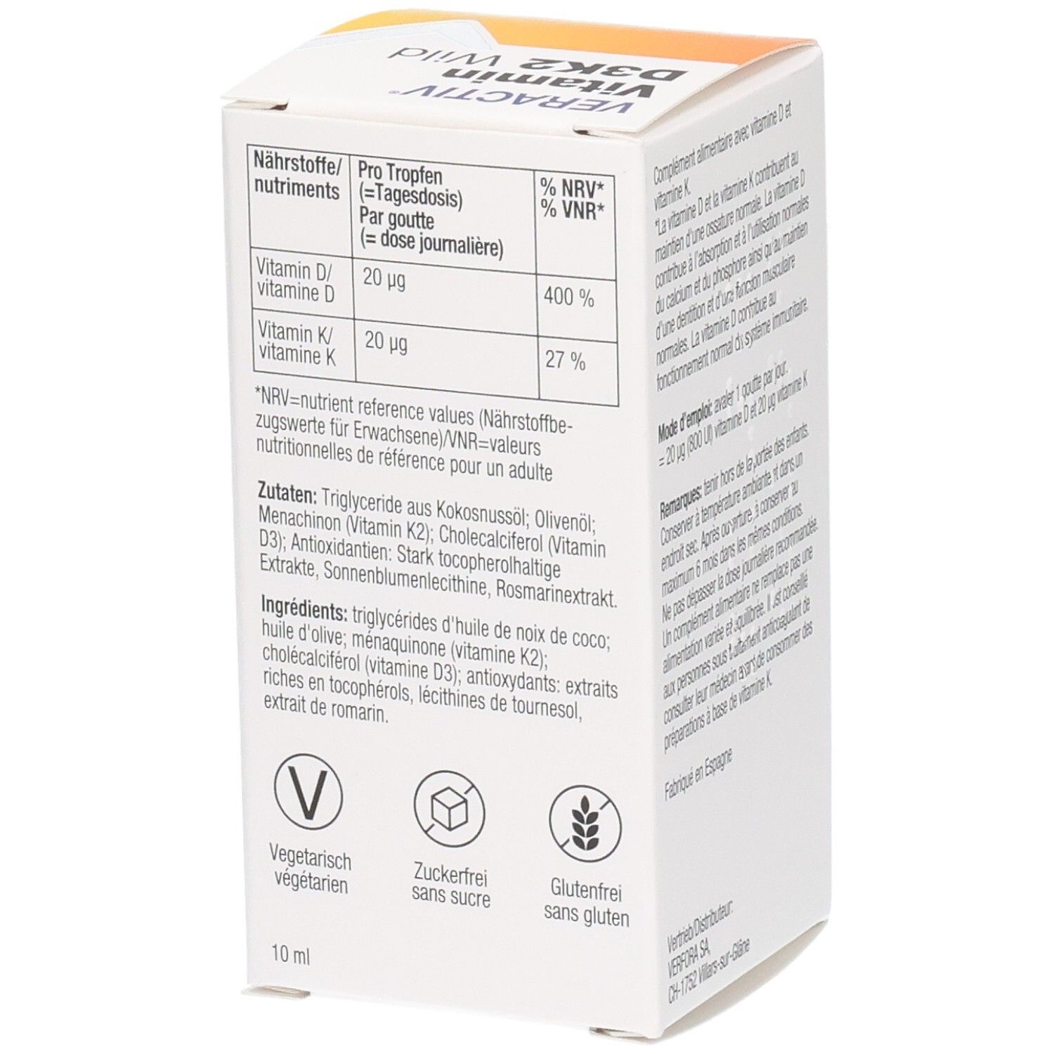 Vue latérale du flacon de gouttes VERACTIV Vitamine D3K2 Sauvage avec pipette. Contient informations nutritionnelles et liste des ingrédients.