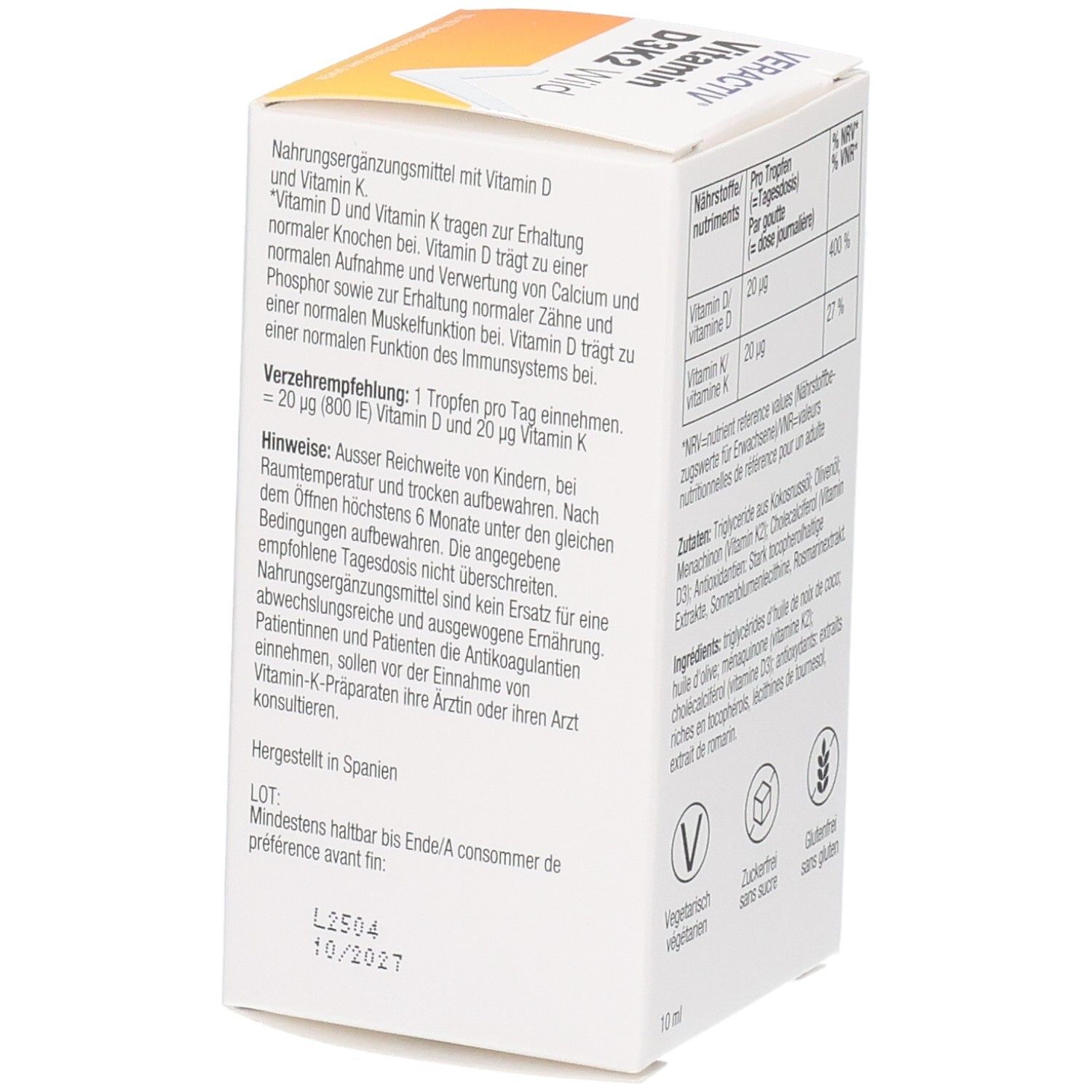 Vue latérale du flacon de gouttes VERACTIV Vitamine D3K2 Sauvage avec pipette. Informations sur les nutriments et la dose recommandée.