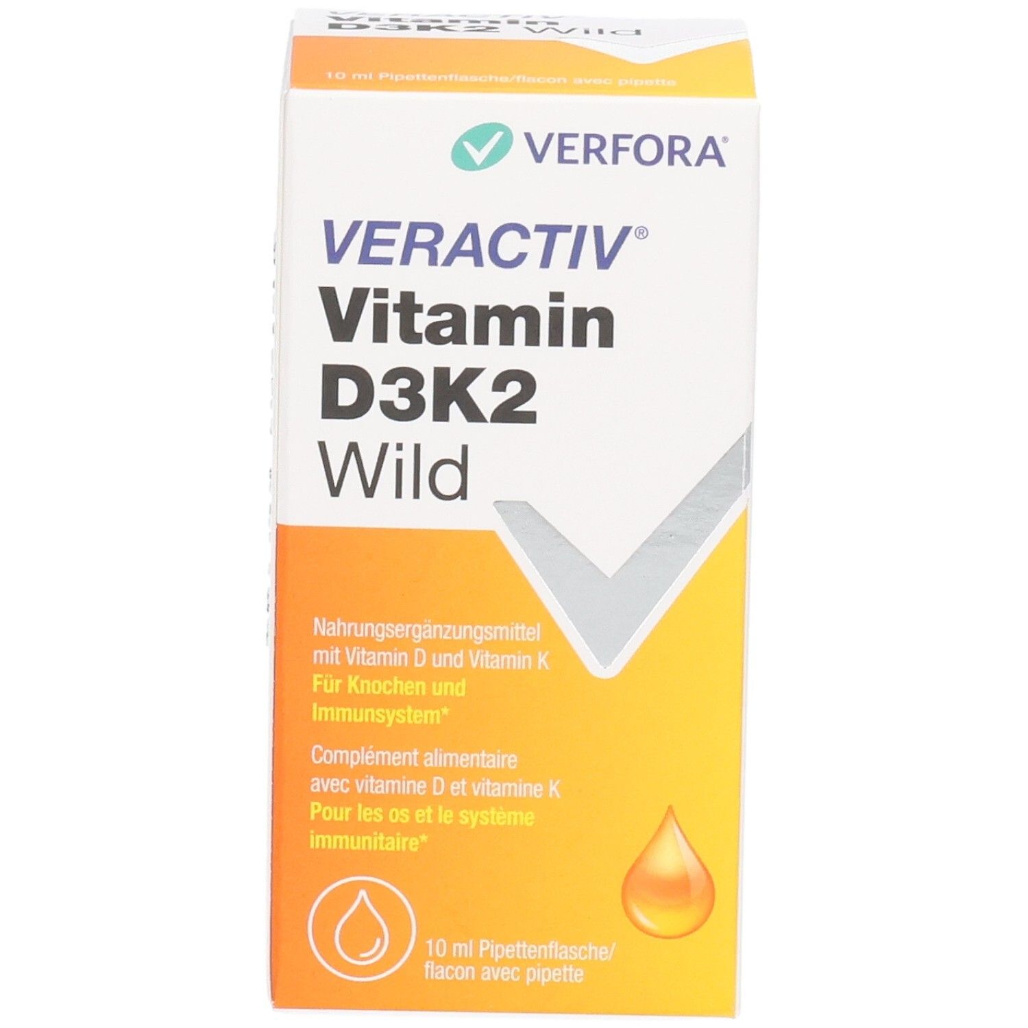 VERACTIV Vitamine D3K2 Sauvage gouttes flacon pipette, 10 ml. Face avant avec nom du produit et indications pour les os et le système immunitaire.