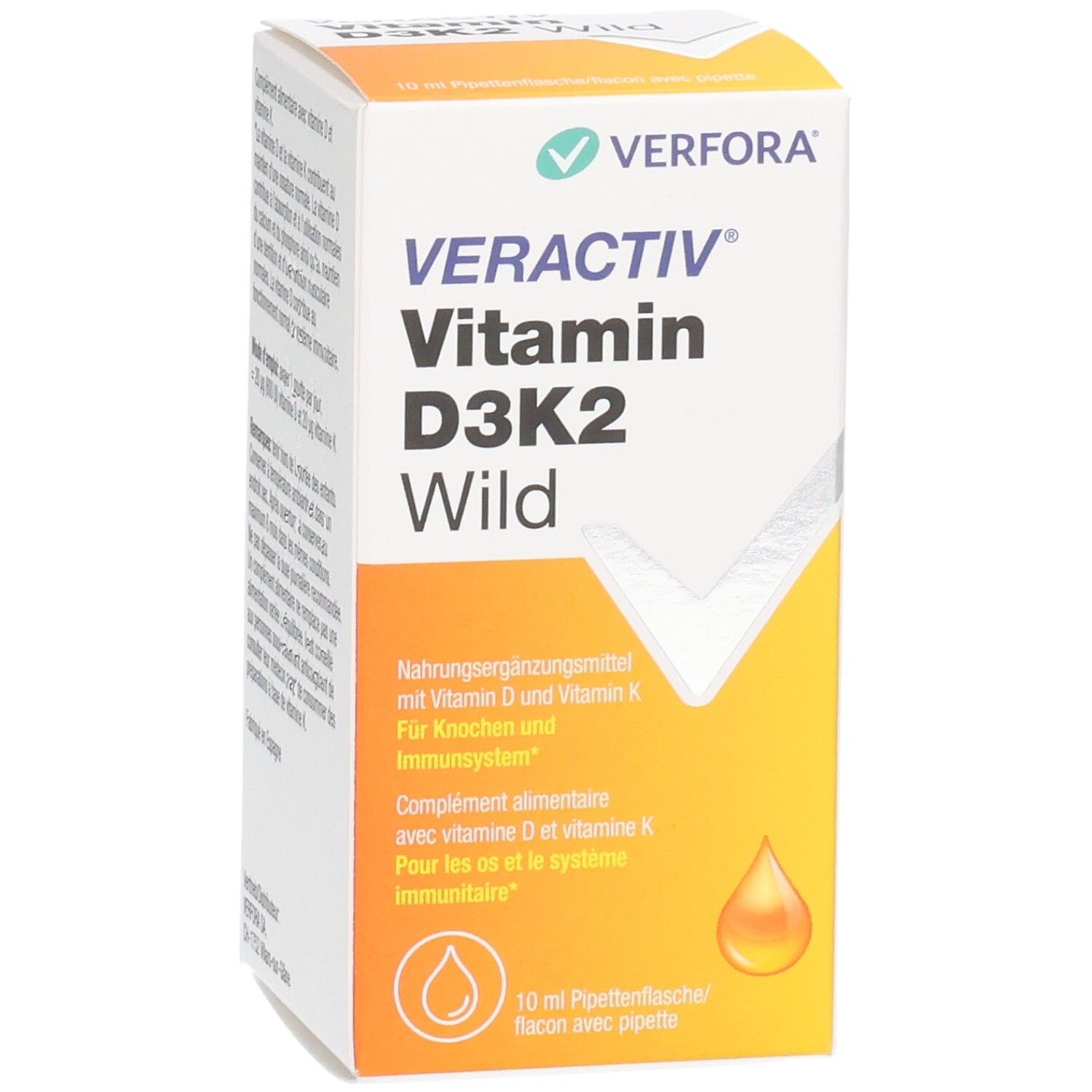 VERACTIV Vitamine D3K2 Sauvage gouttes flacon pipette, 10 ml. Face avant avec nom du produit et indications pour les os et le système immunitaire.