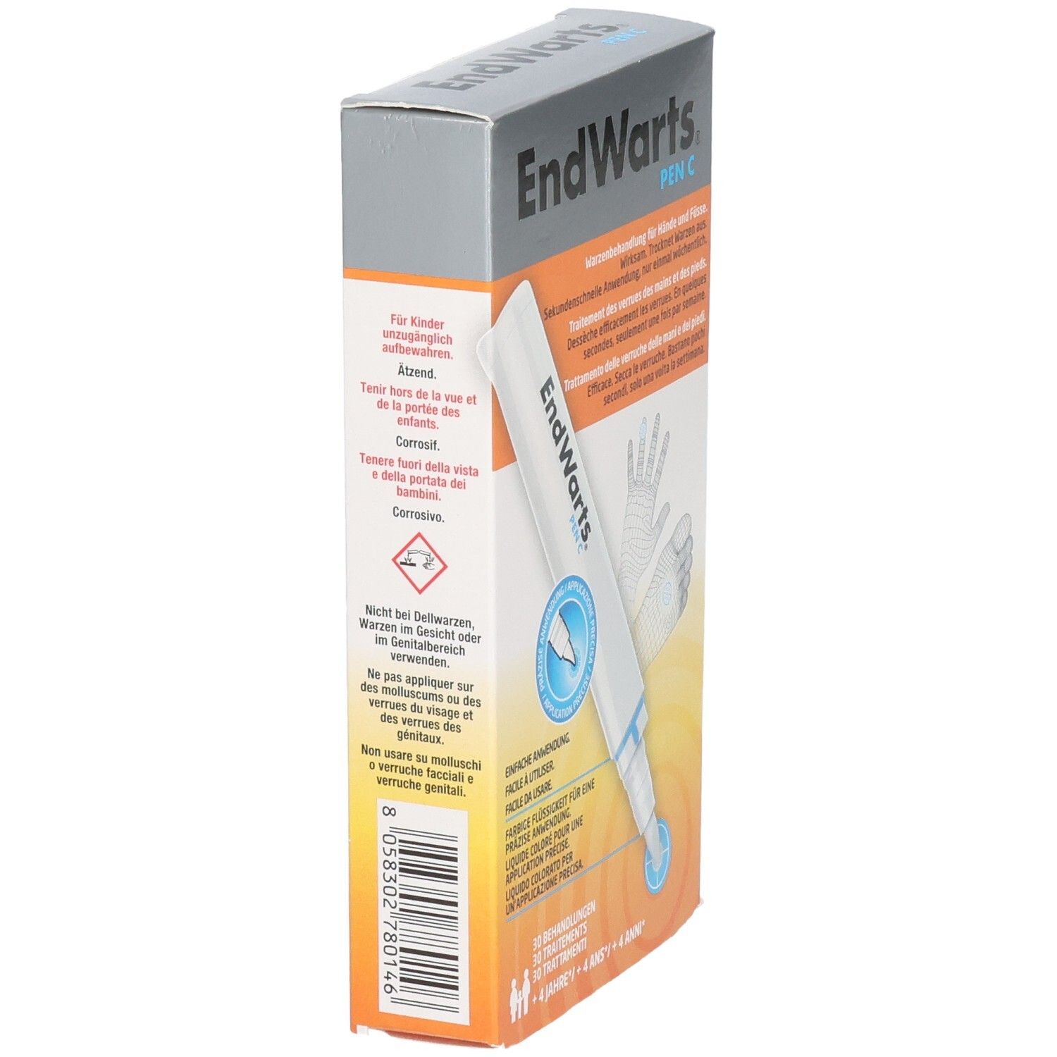 EndWarts Pen C Karton, Seitenansicht. Enthält Warnhinweise und Anwendungsinformationen.