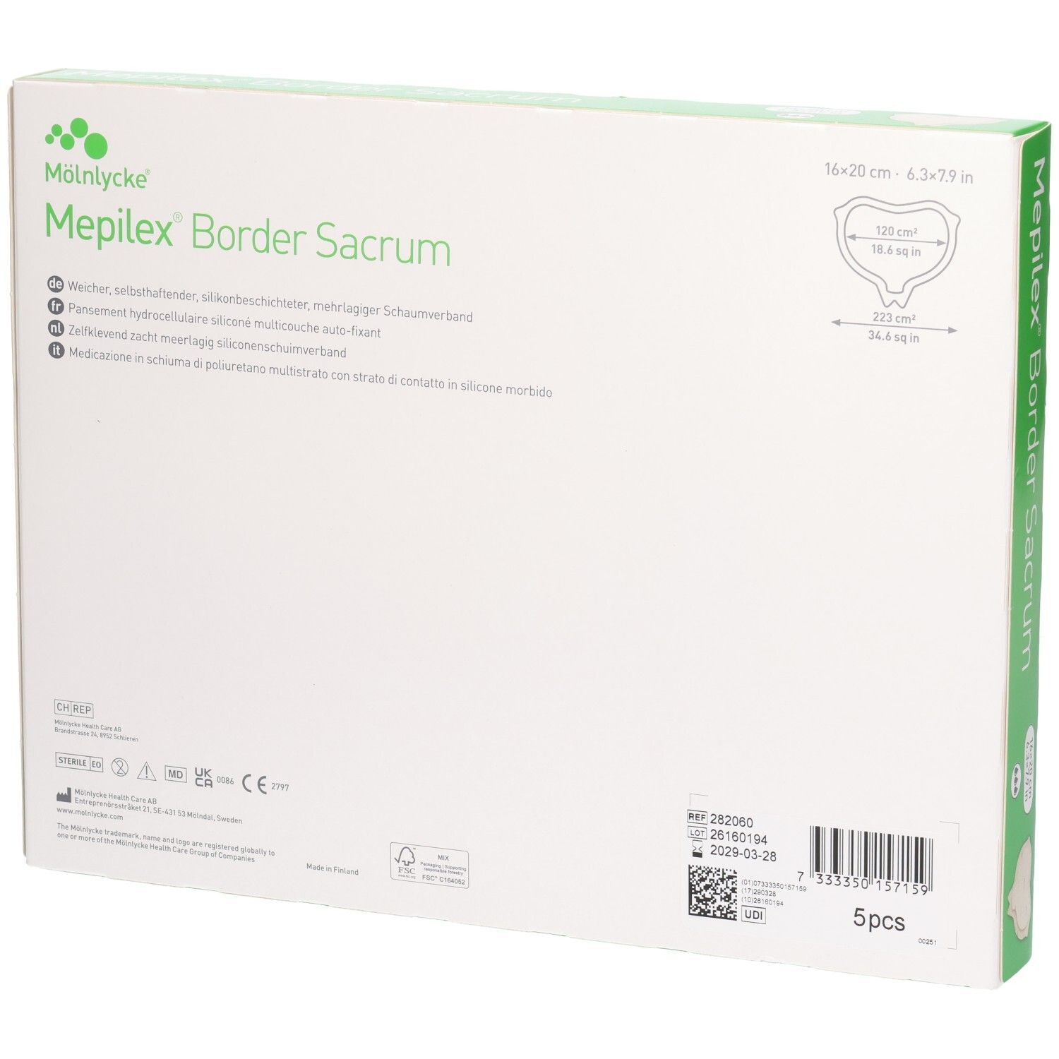 Rückseite der MEPILEX Border Sacrum Verpackung mit Produktinformationen und Zertifizierungen.