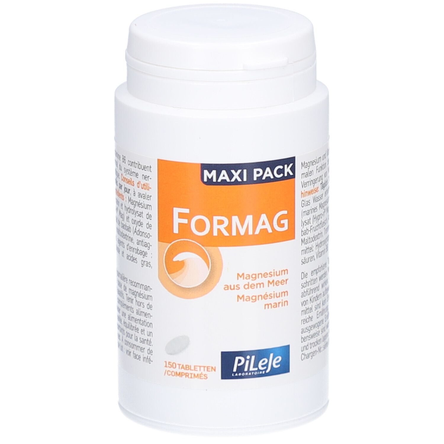 Weiße Tablettenflasche mit Deckel. Aufschrift "MAXI PACK" und "Formag". Enthält 150 Tabletten. Marke Pileje.