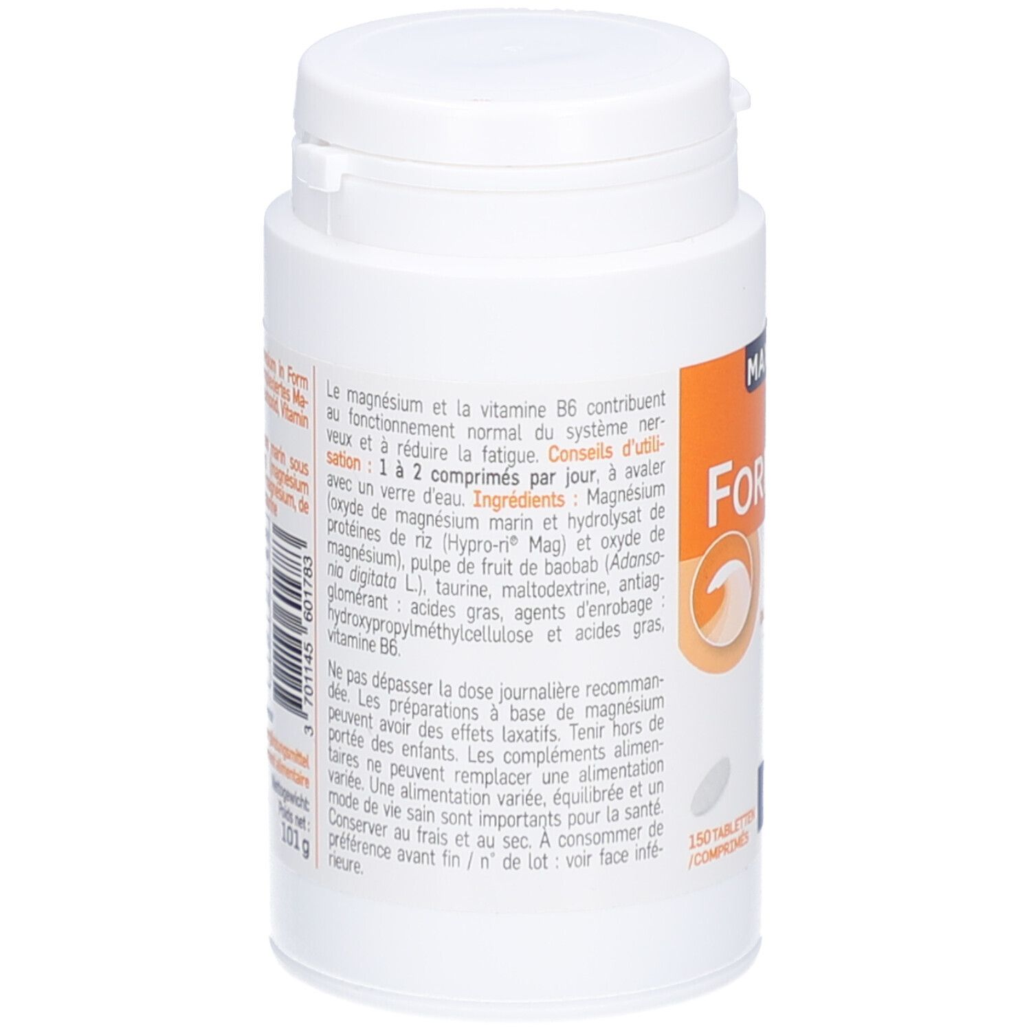 Rückseite der Tablettenflasche. Text über Inhaltsstoffe und Anwendung. Enthält 150 Tabletten. Marke Pileje.