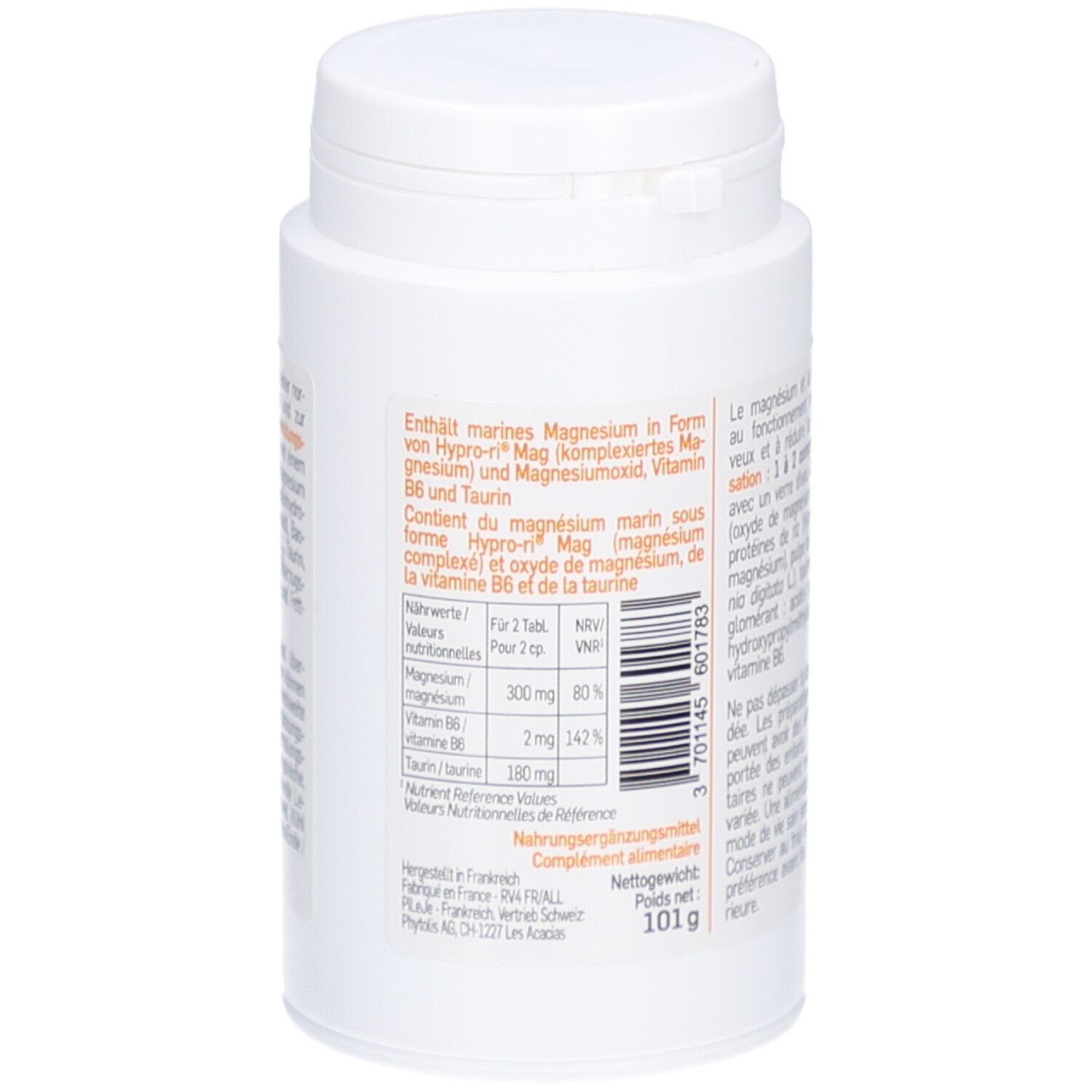 Rückseite der Tablettenflasche. Nährwertangaben und Inhaltsstoffe. Marke Pileje. Nettogewicht 101 g.