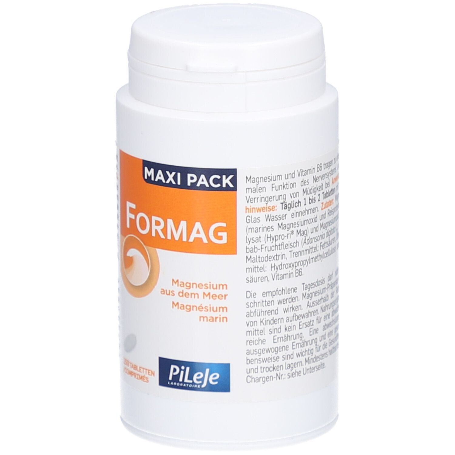 Weiße Tablettenflasche mit Deckel. Aufschrift "MAXI PACK" und "Formag". Enthält 150 Tabletten. Marke Pileje.