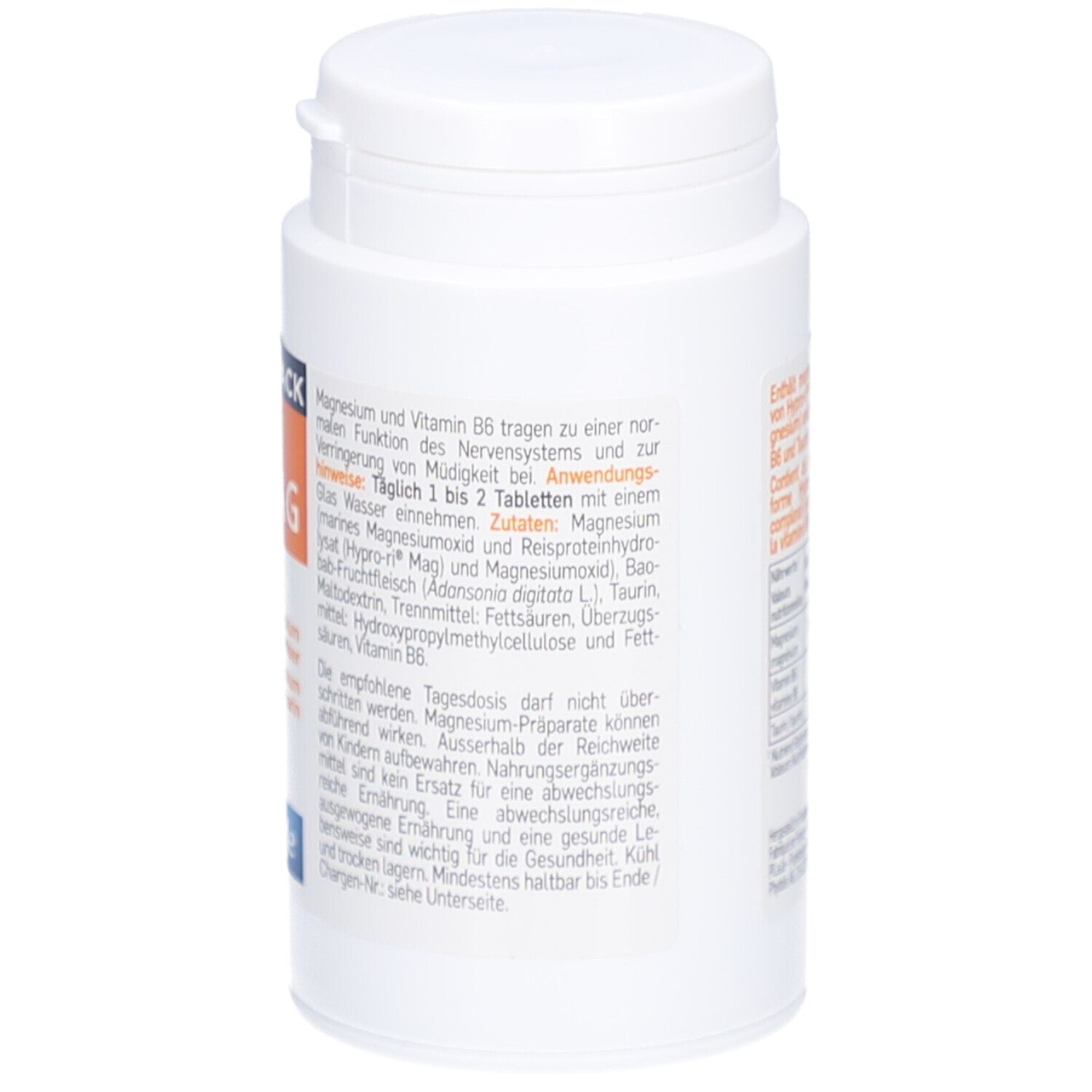 Rückseite der Tablettenflasche. Text über Inhaltsstoffe und Anwendung. Enthält 150 Tabletten. Marke Pileje.