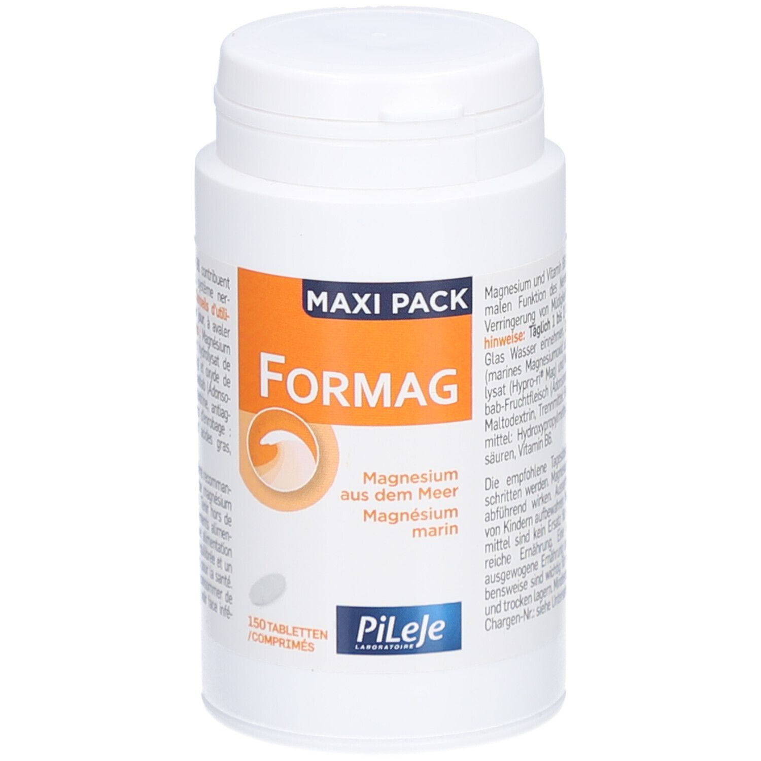 Weiße Tablettenflasche mit Deckel. Aufschrift "MAXI PACK" und "Formag". Enthält 150 Tabletten. Marke Pileje.