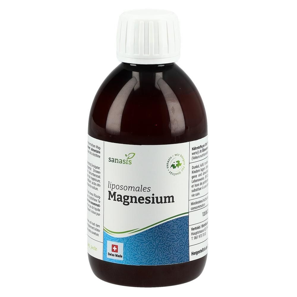 Braune Flasche mit weißem Deckel. Etikett mit "Sanasis liposomes Magnesium". Schweizer Kreuz.