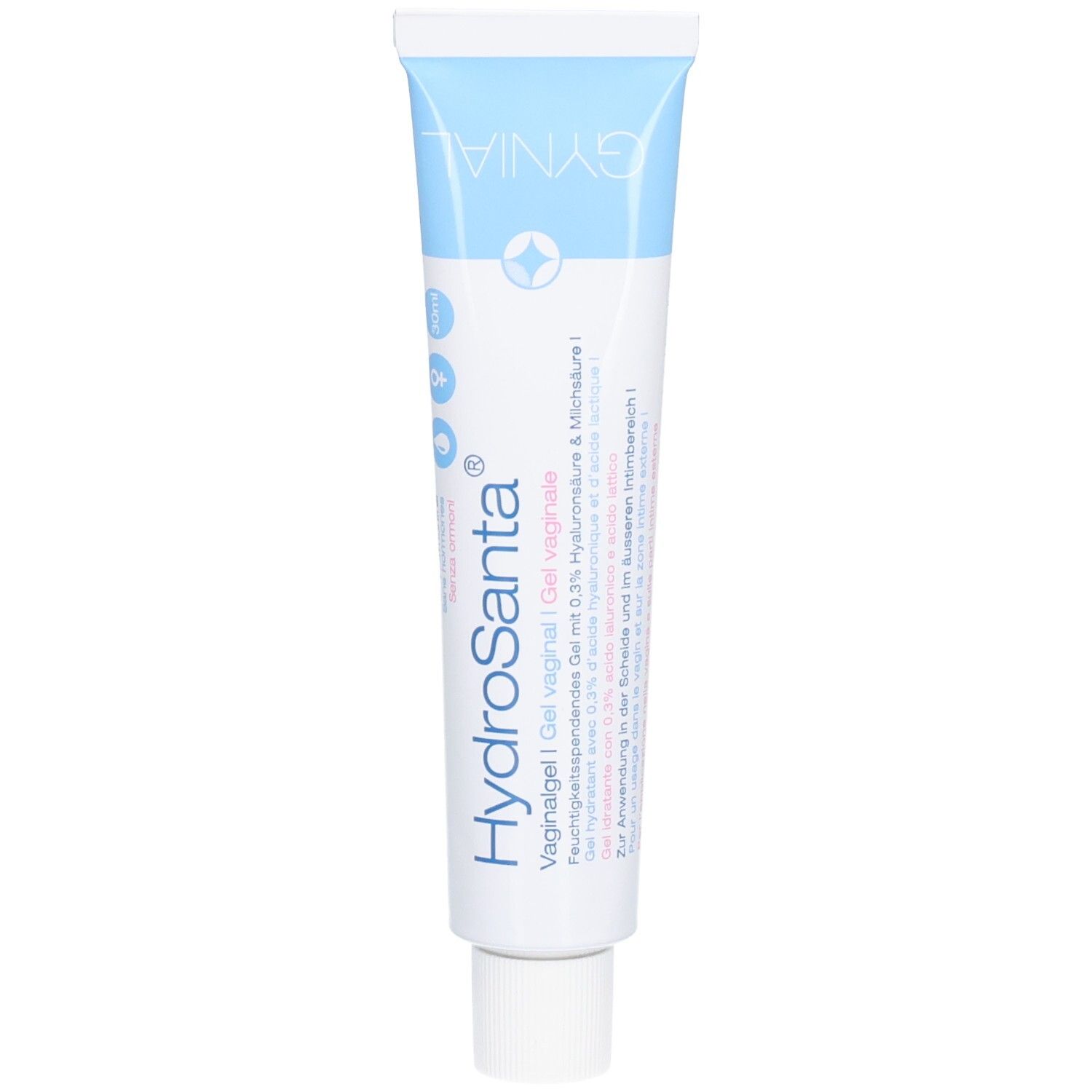Tube mit GYNIAL Vaginalgel HydroSanta. Hellblaue Tube mit weißem Verschluss. Produktname und Logos sind aufgedruckt.