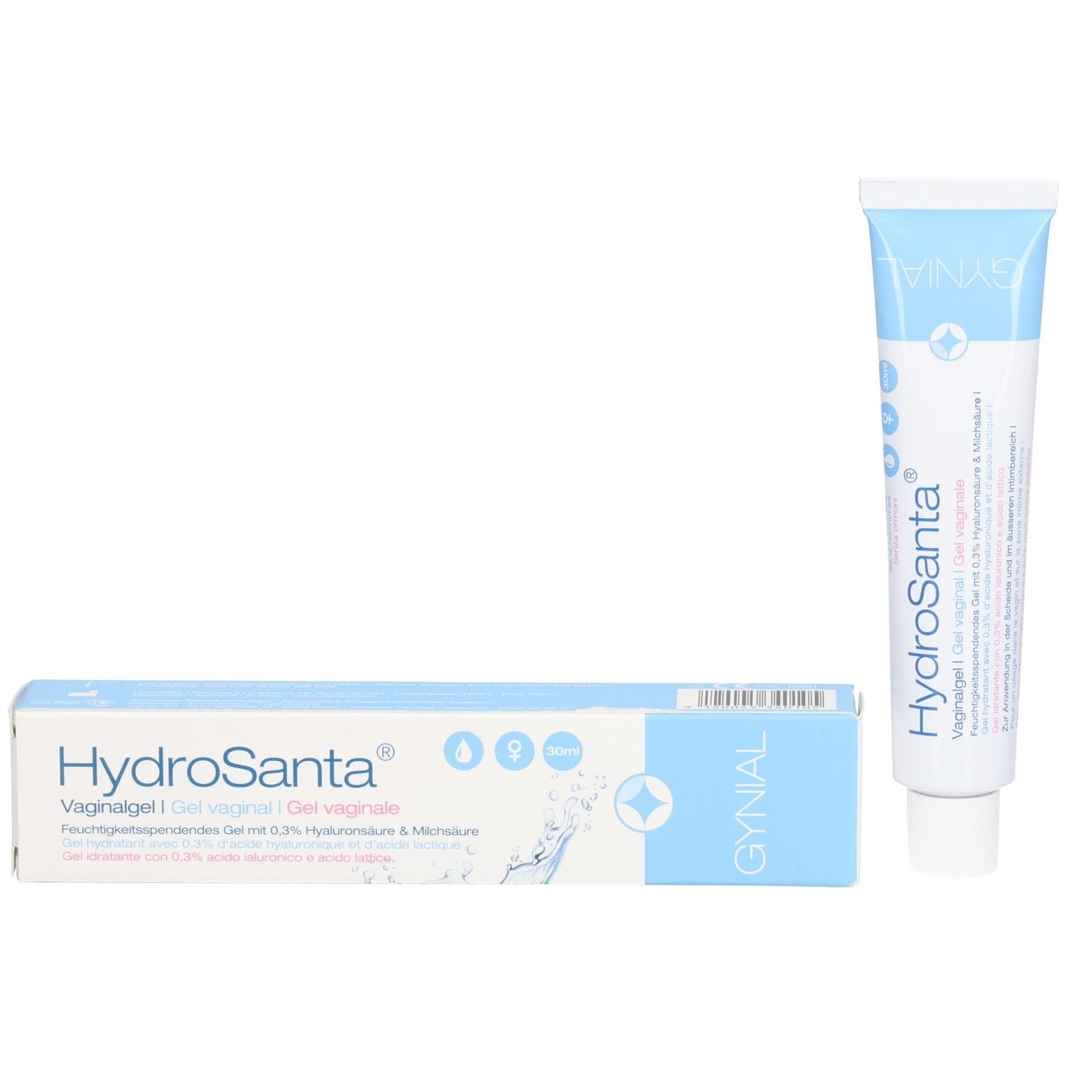 GYNIAL Vaginalgel HydroSanta Tube und Schachtel. Hellblaue Tube und Schachtel mit Produktinformationen.