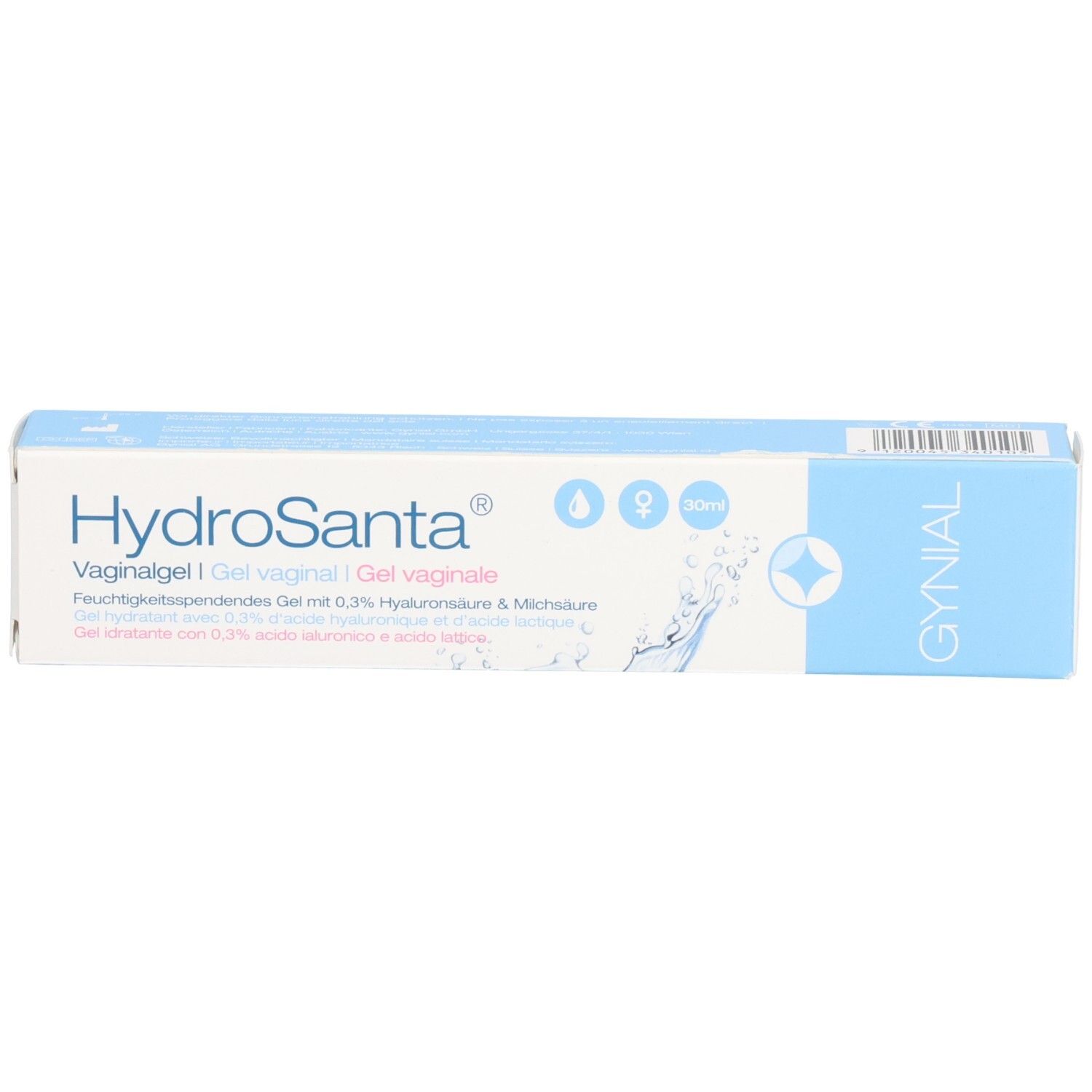 Schachtel GYNIAL Vaginalgel HydroSanta. Hellblaue Schachtel mit Produktnamen, Logos und Informationen.