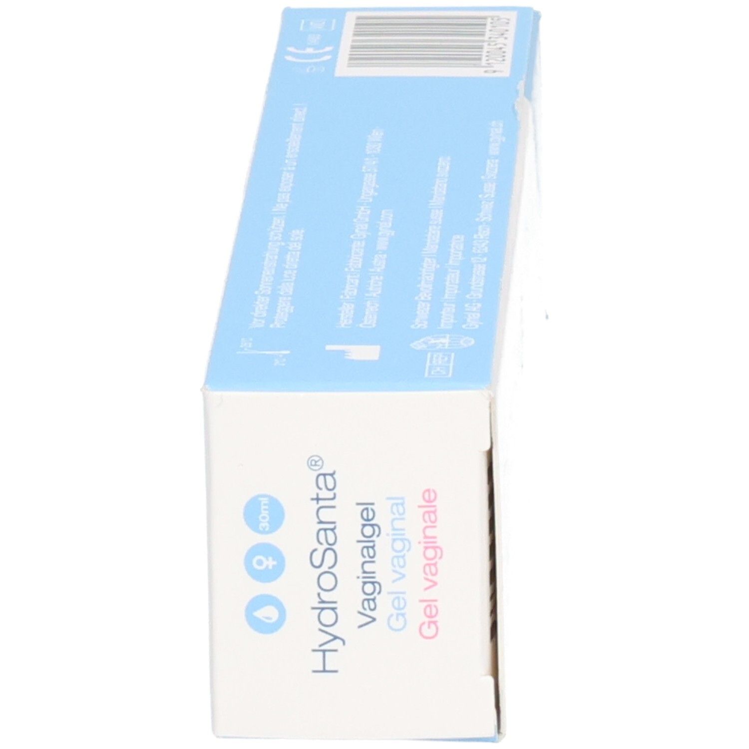 Schachtel GYNIAL Vaginalgel HydroSanta. Ansicht der Seite mit Produktnamen und Informationen.