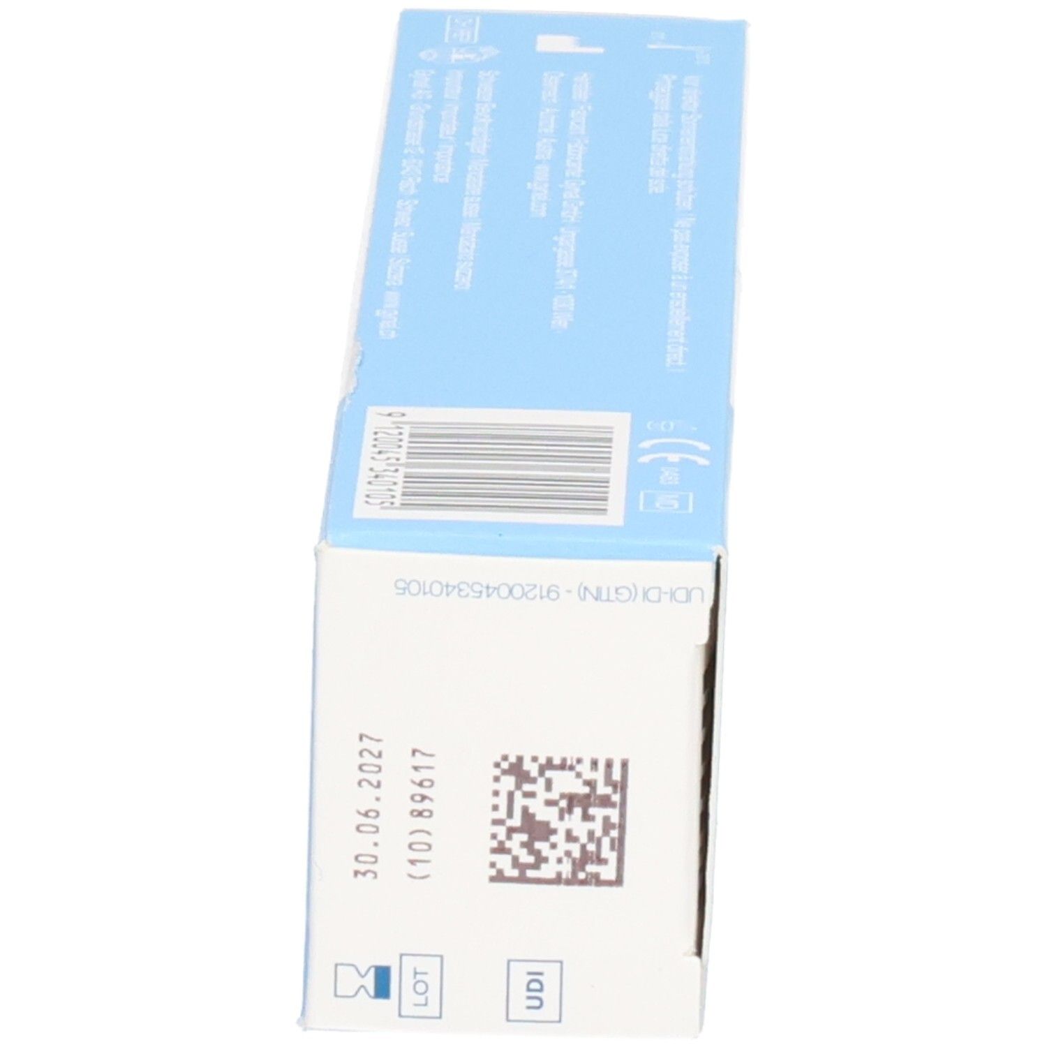 Schachtel GYNIAL Vaginalgel HydroSanta. Ansicht der Seite mit Chargennummer und Verfallsdatum.