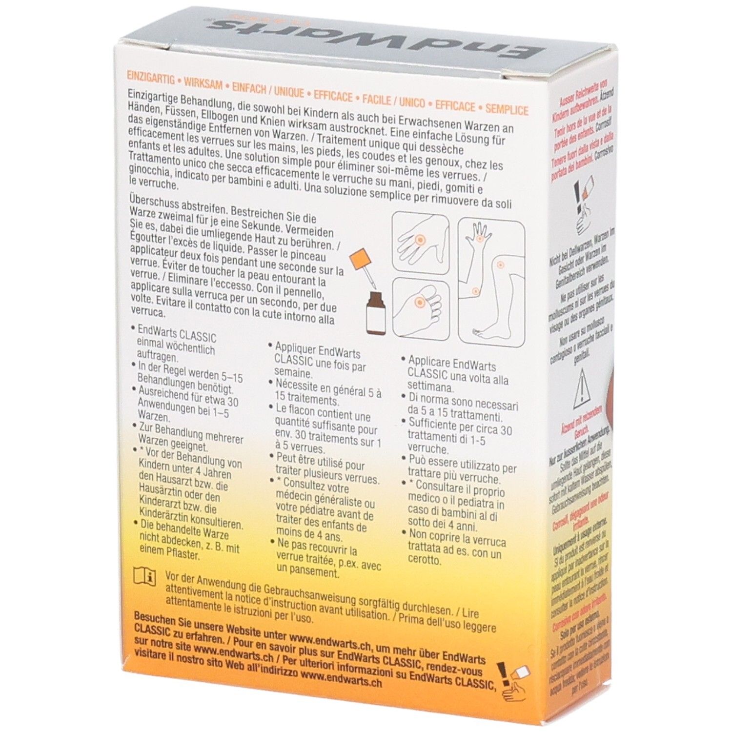 EndWarts Classic Lösung 5ml Karton mit detaillierten Anwendungshinweisen und Abbildungen.