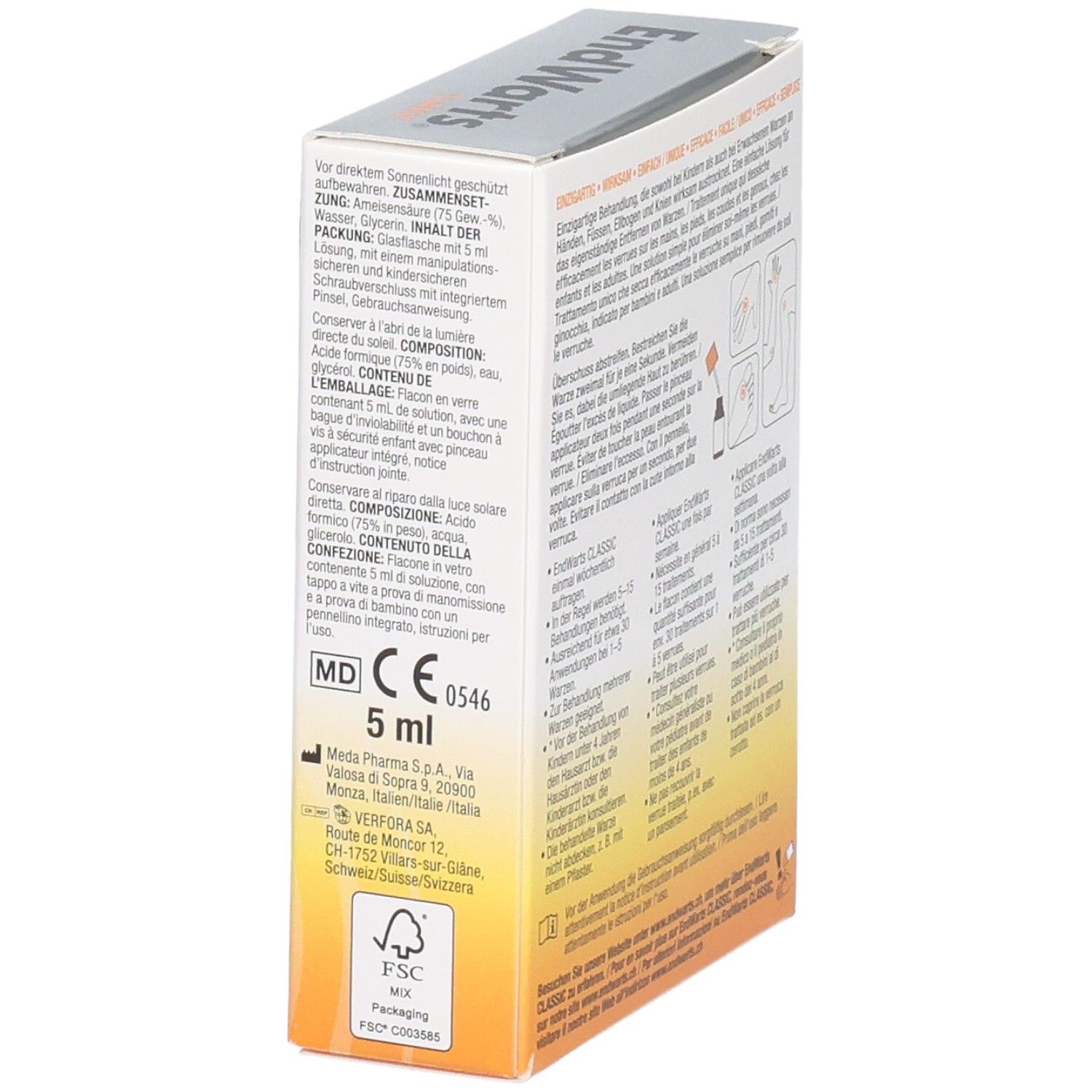 EndWarts Classic Lösung 5ml Karton mit Inhaltsstoffen, CE-Kennzeichnung und FSC-Logo.