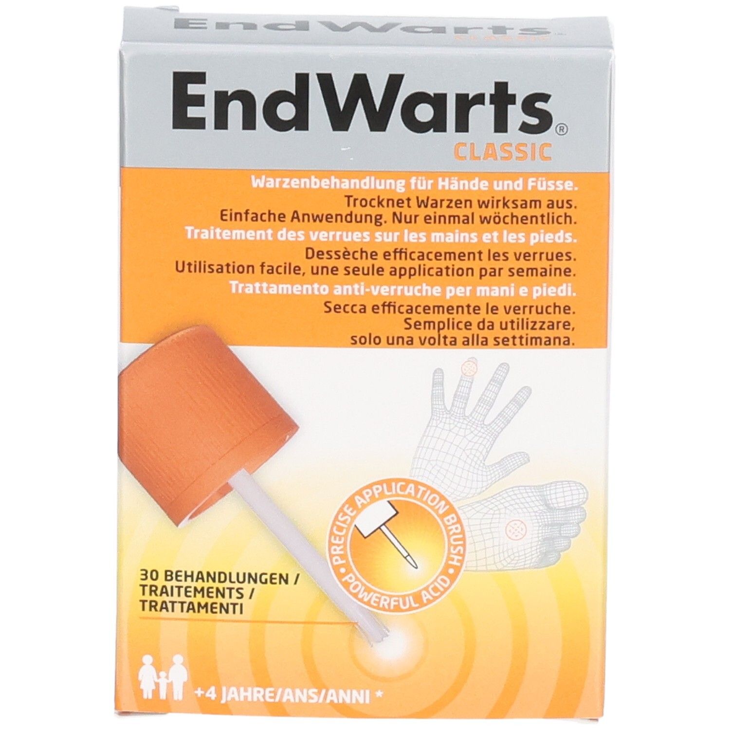 EndWarts Classic Lösung 5ml Karton mit Applikator, Anwendungshinweisen und Produktabbildung.
