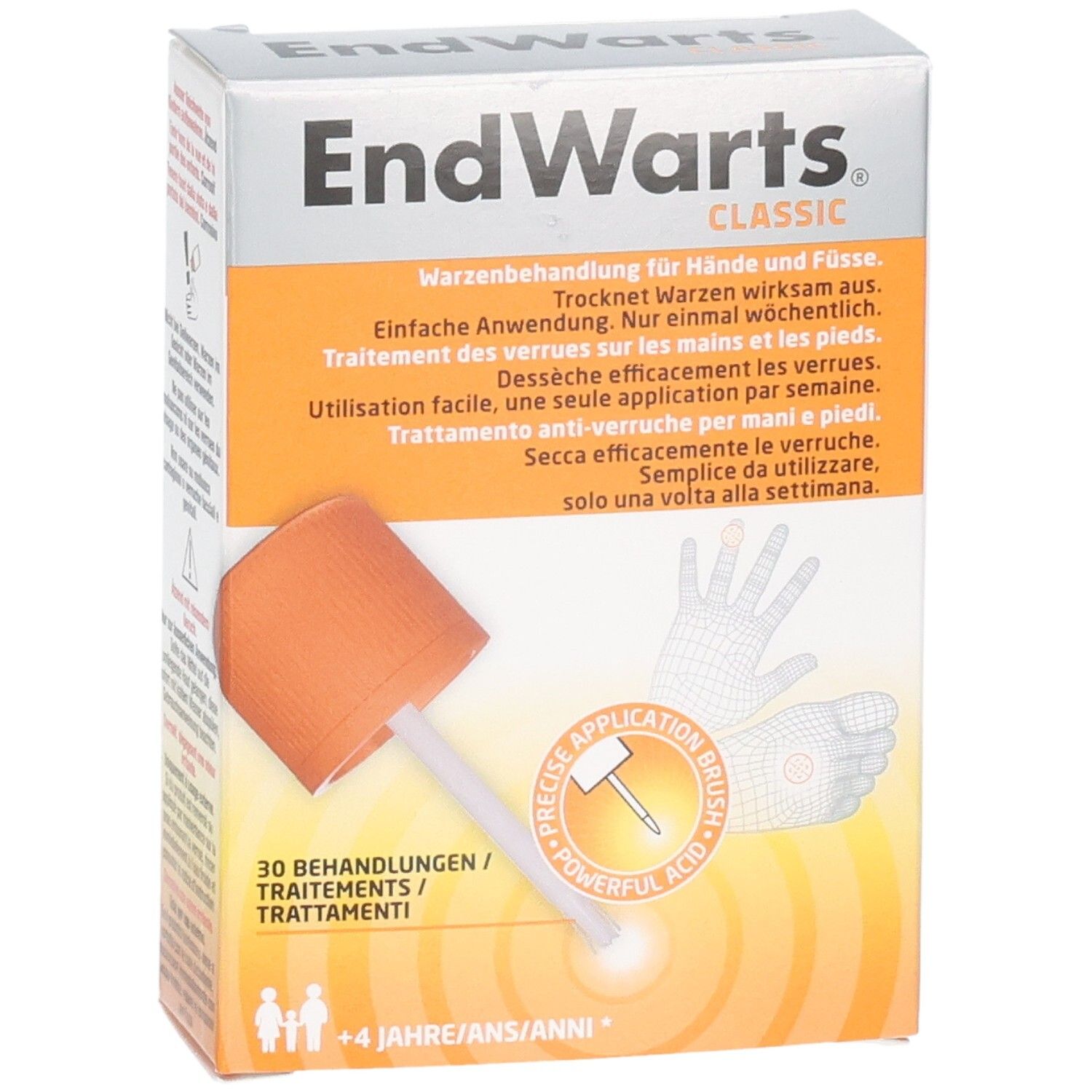 EndWarts Classic Lösung 5ml Karton mit Applikator, Anwendungshinweisen und Produktabbildung.