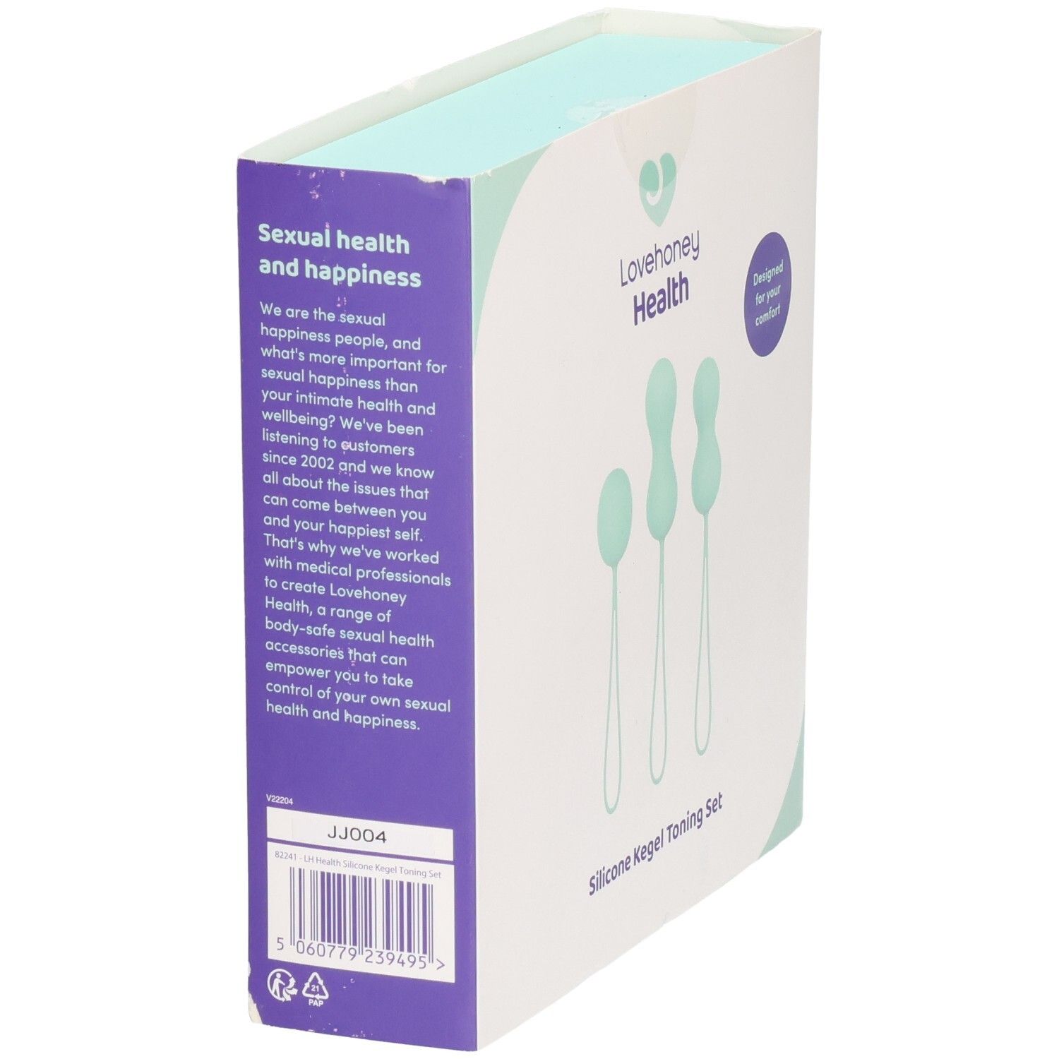 Côté de l'emballage LOVEHONEY Health. Texte sur la santé et le bonheur sexuels. Logo et illustration du produit.