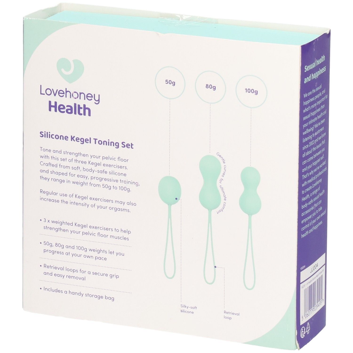 Dos de l'emballage LOVEHONEY Health. Trois boules de Kegel avec indications de poids. Texte sur l'entraînement des muscles pelviens.