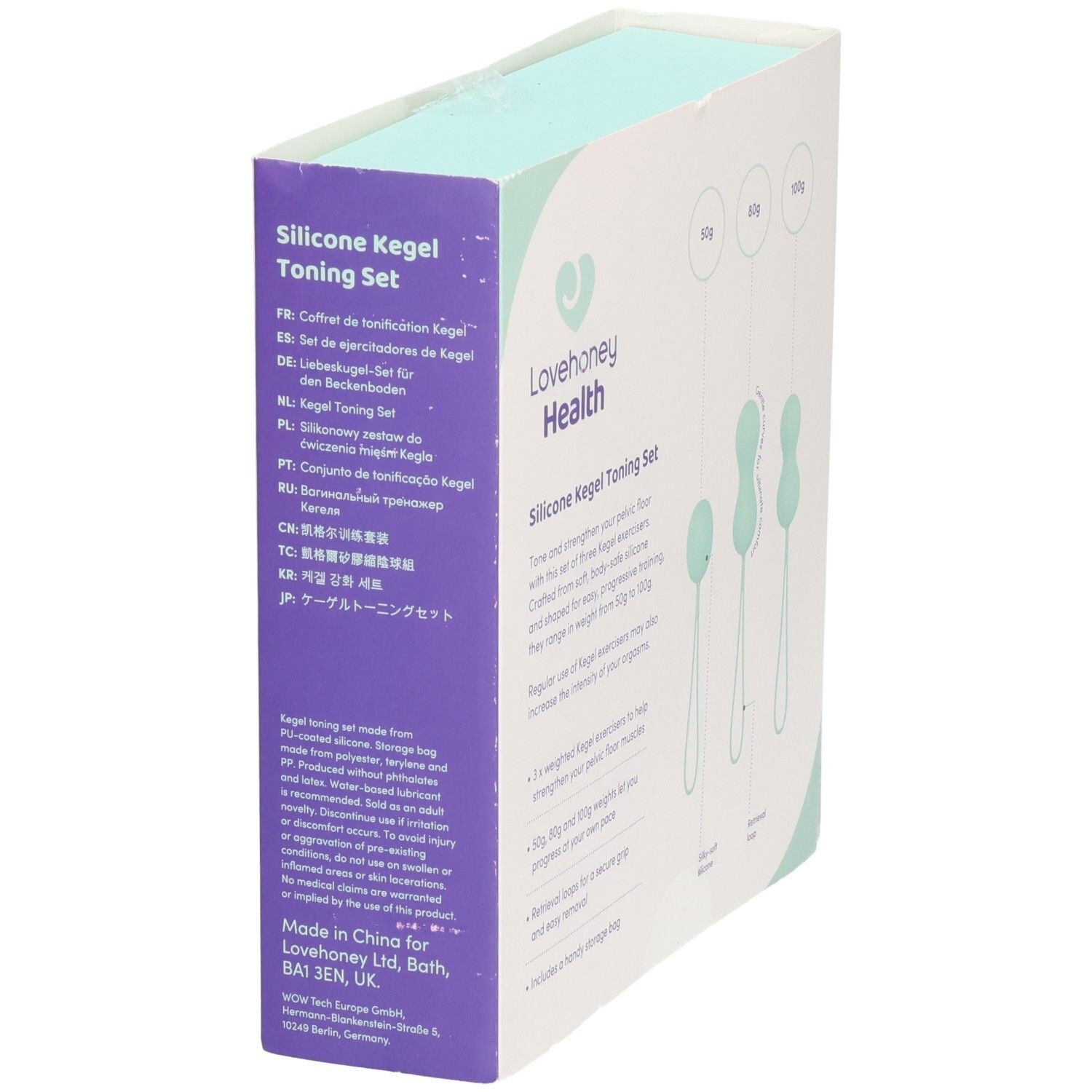 Côté de l'emballage LOVEHONEY Health. Texte en plusieurs langues. Illustration des boules de Kegel.