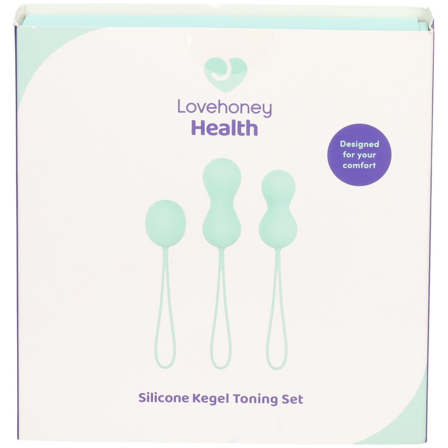 Face avant de l'emballage LOVEHONEY Health. Trois boules de Kegel menthe avec boucles. Inscription : Silicone Kegel Toning Set.