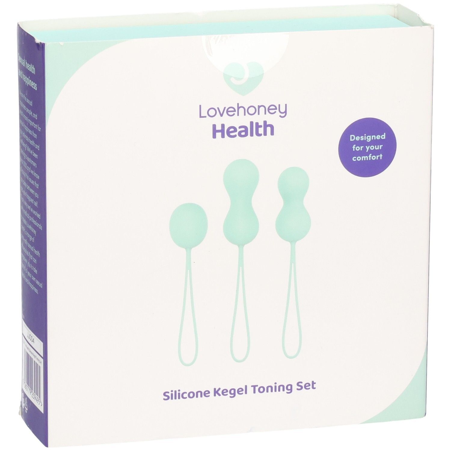 Face avant de l'emballage LOVEHONEY Health. Trois boules de Kegel menthe avec boucles. Inscription : Silicone Kegel Toning Set.