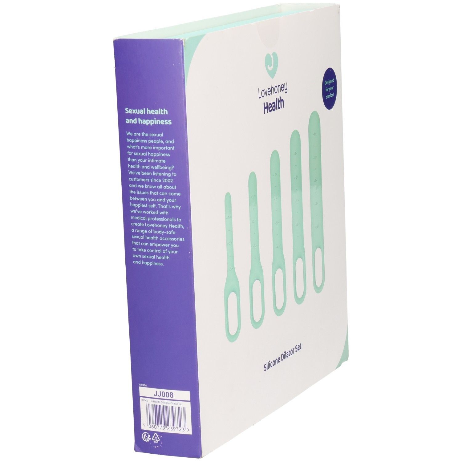 Boîte avec cinq dilatateurs en silicone vert menthe. Marque : Lovehoney Health. Inscription : Silicone Dilator Set.