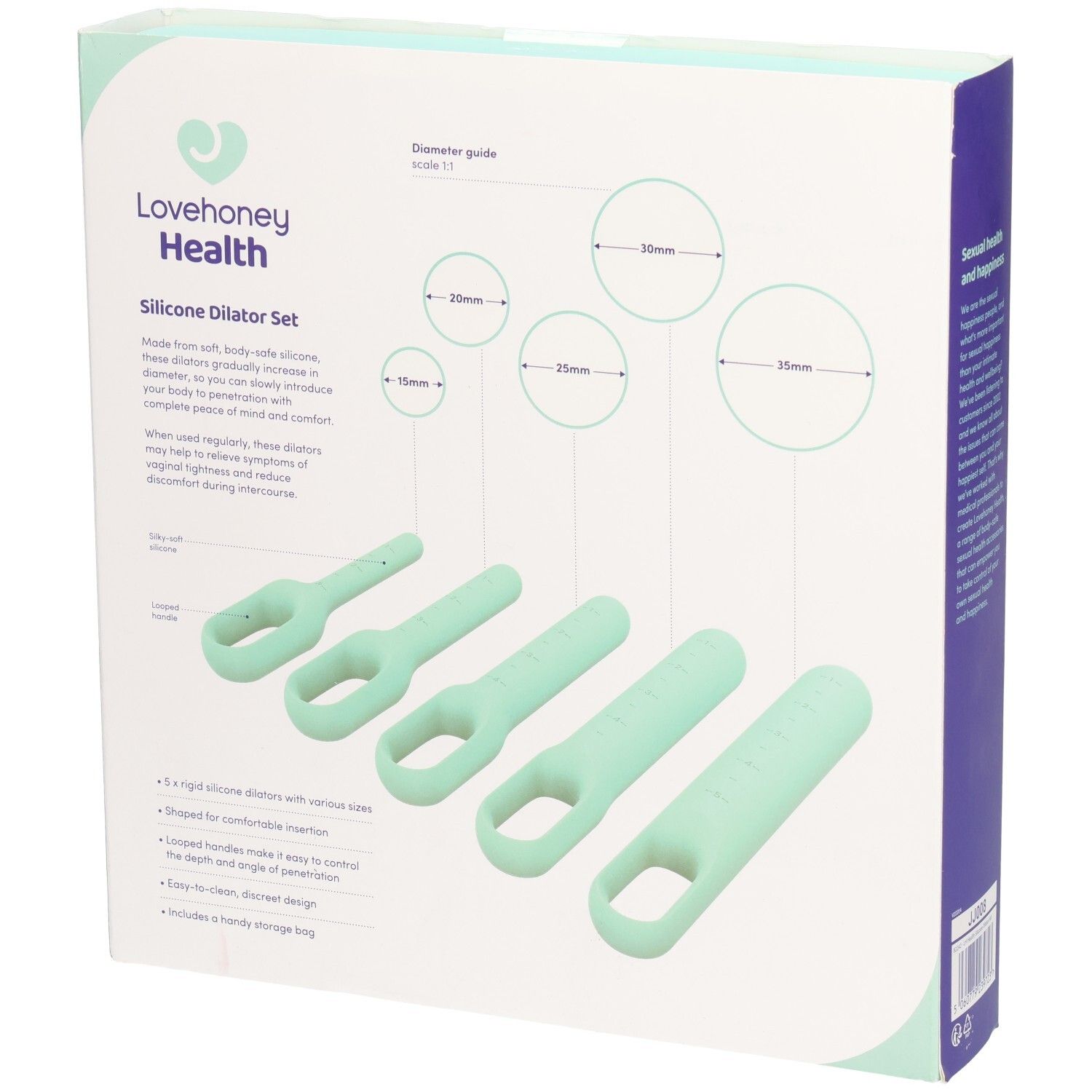 Dos de la boîte avec cinq dilatateurs en silicone. Marque : Lovehoney Health. Inscription : Silicone Dilator Set. Indications de tailles.