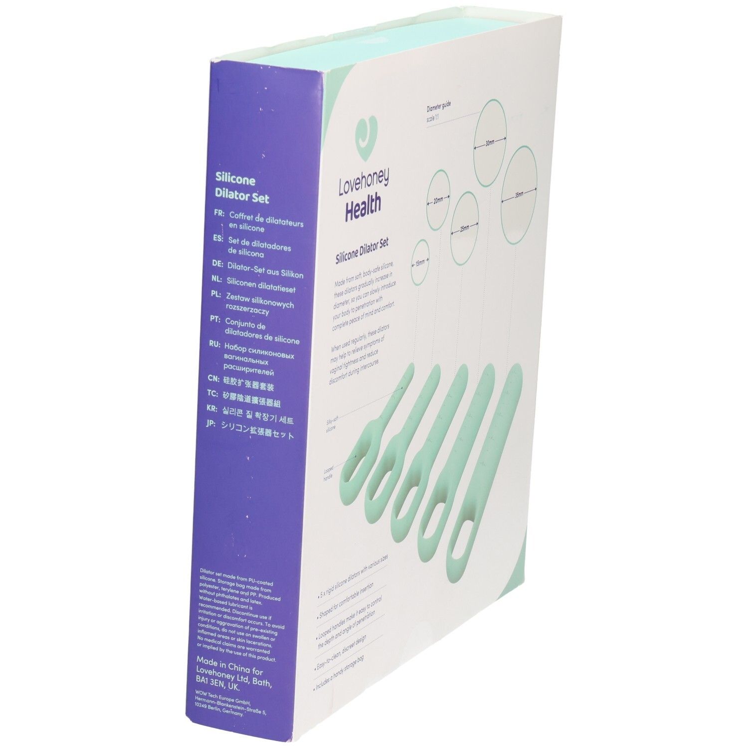 Boîte avec cinq dilatateurs en silicone vert menthe. Marque : Lovehoney Health. Inscription : Silicone Dilator Set. Textes multilingues.