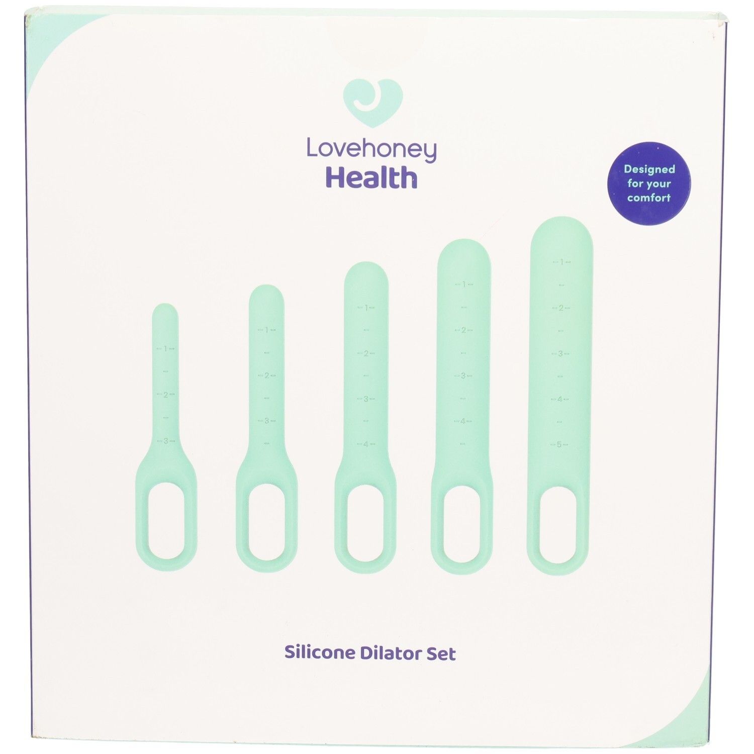 Boîte avec cinq dilatateurs en silicone vert menthe. Marque : Lovehoney Health. Inscription : Silicone Dilator Set.
