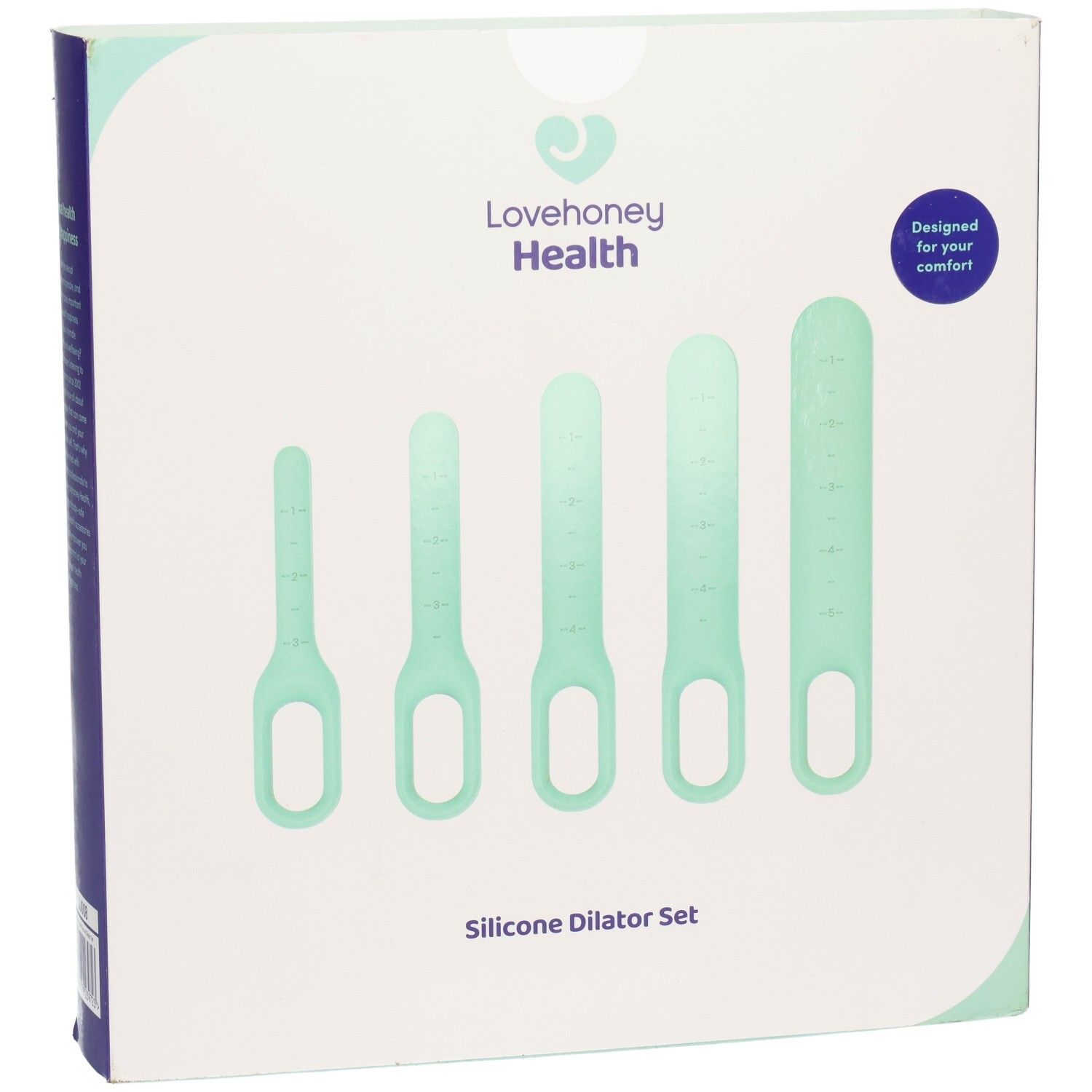 Boîte avec cinq dilatateurs en silicone vert menthe. Marque : Lovehoney Health. Inscription : Silicone Dilator Set.