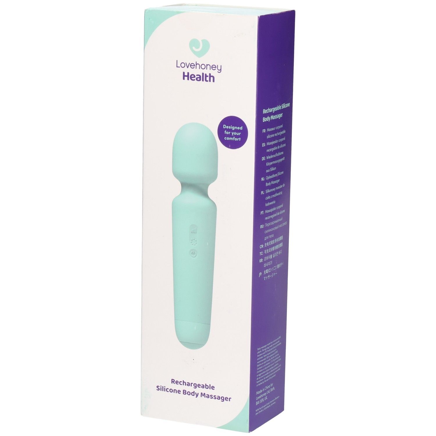 Türkisfarbener, wiederaufladbarer Silikon-Körpermassagegerät in Verpackung. Marke: Lovehoney Health. Text: Rechargeable Silicone Body Massager.