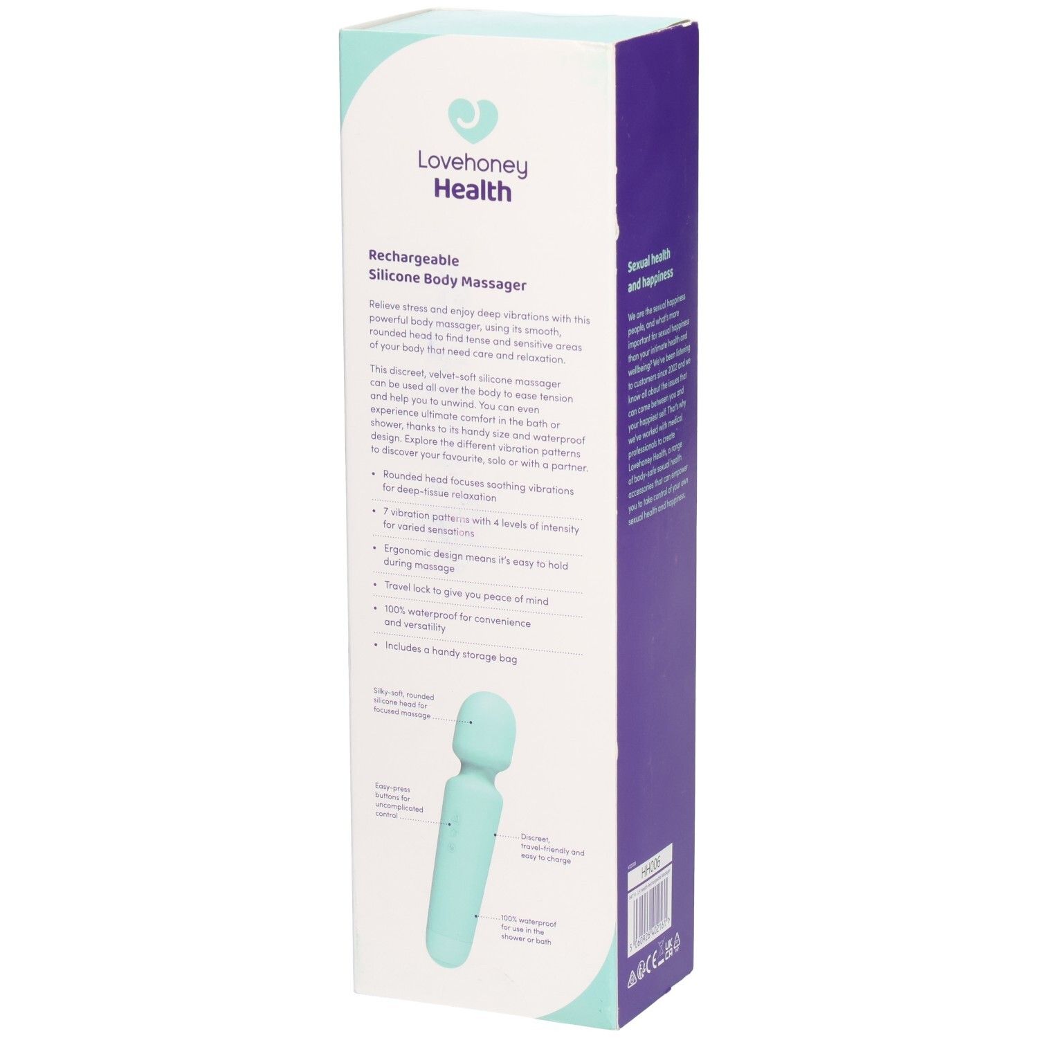 Verpackung des Massagegeräts. Aufschrift: Lovehoney Health. Text: Rechargeable Silicone Body Massager. Beschreibung der Eigenschaften des Produkts.